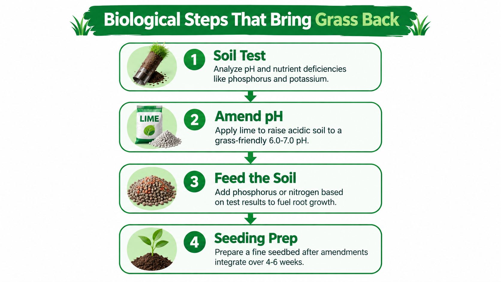 An infographic showing four biological steps for grass restoration including soil testing, amending pH, feeding, and seeding.