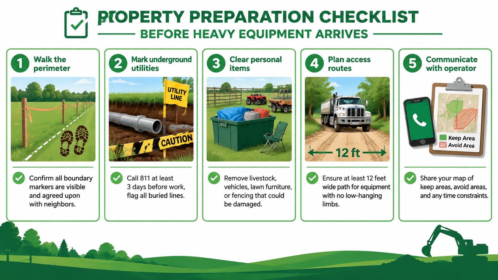 A five-step property preparation checklist for homeowners to complete before heavy equipment arrives for excavation or land clearing.