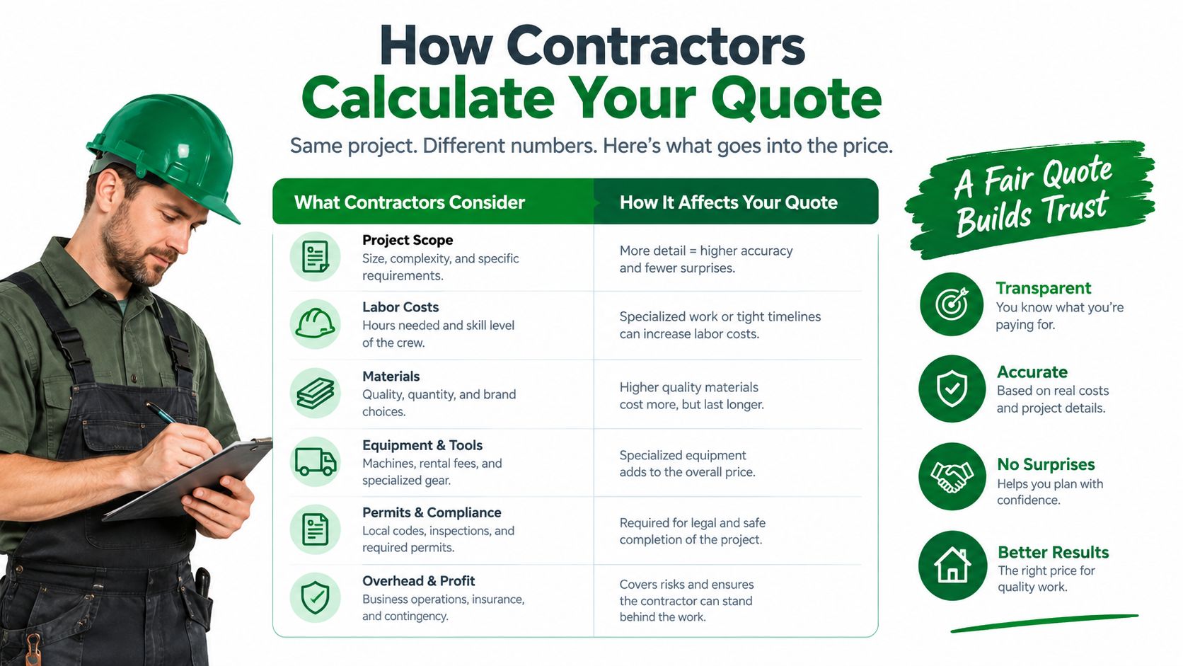 A contractor holding a clipboard, explaining the various components that go into calculating a construction project quote.