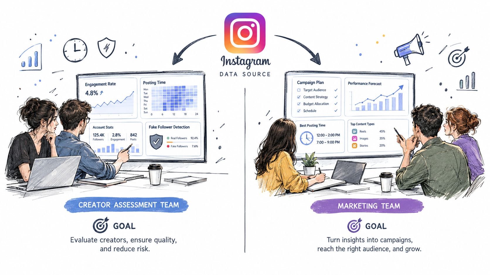 A professional illustration of two teams analyzing Instagram data metrics for creator assessment and marketing strategy.