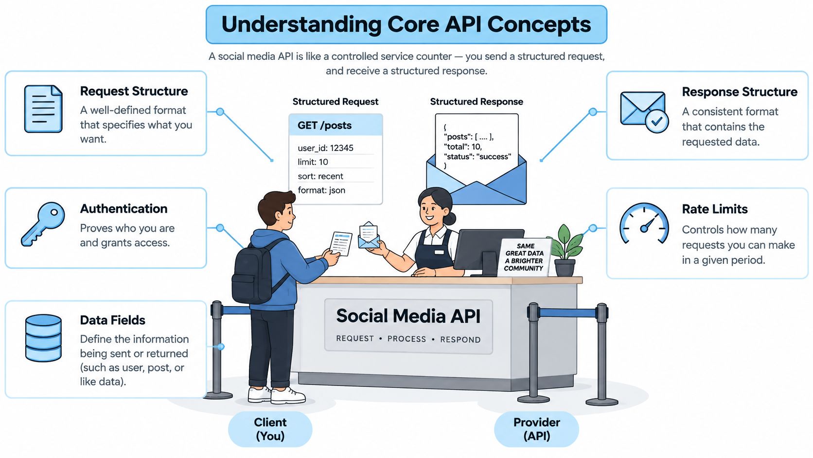 An infographic illustration explaining core API concepts like request structure, authentication, data fields, response structure, and rate limits.