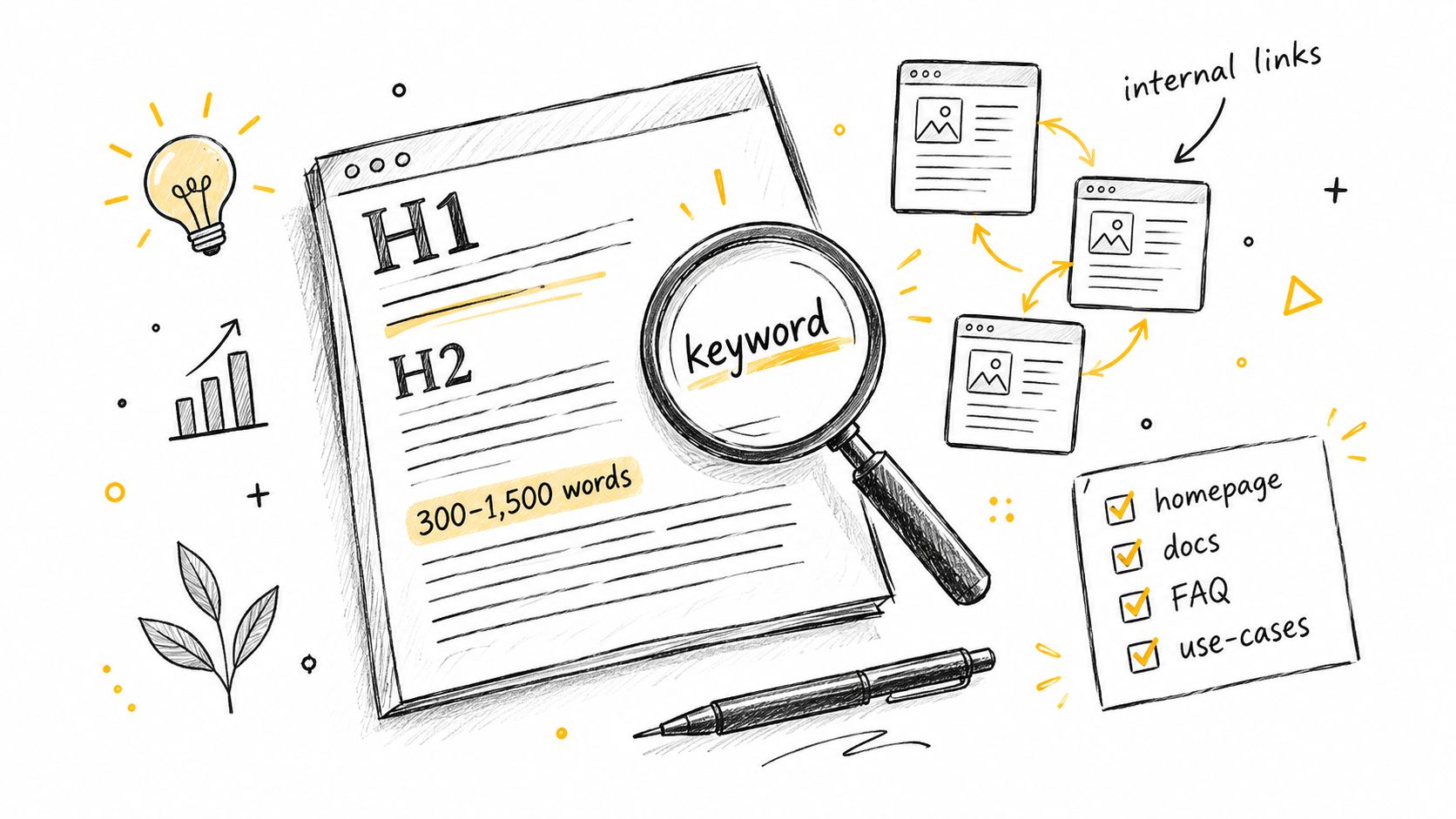 A hand-drawn illustration depicting SEO concepts including page headers, keyword optimization, internal linking, and content length.