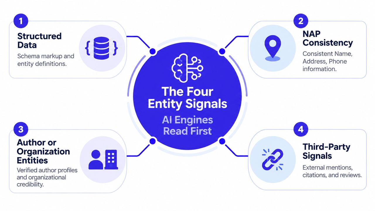 An infographic showing four key entity signals used by AI search engines to optimize business content visibility.