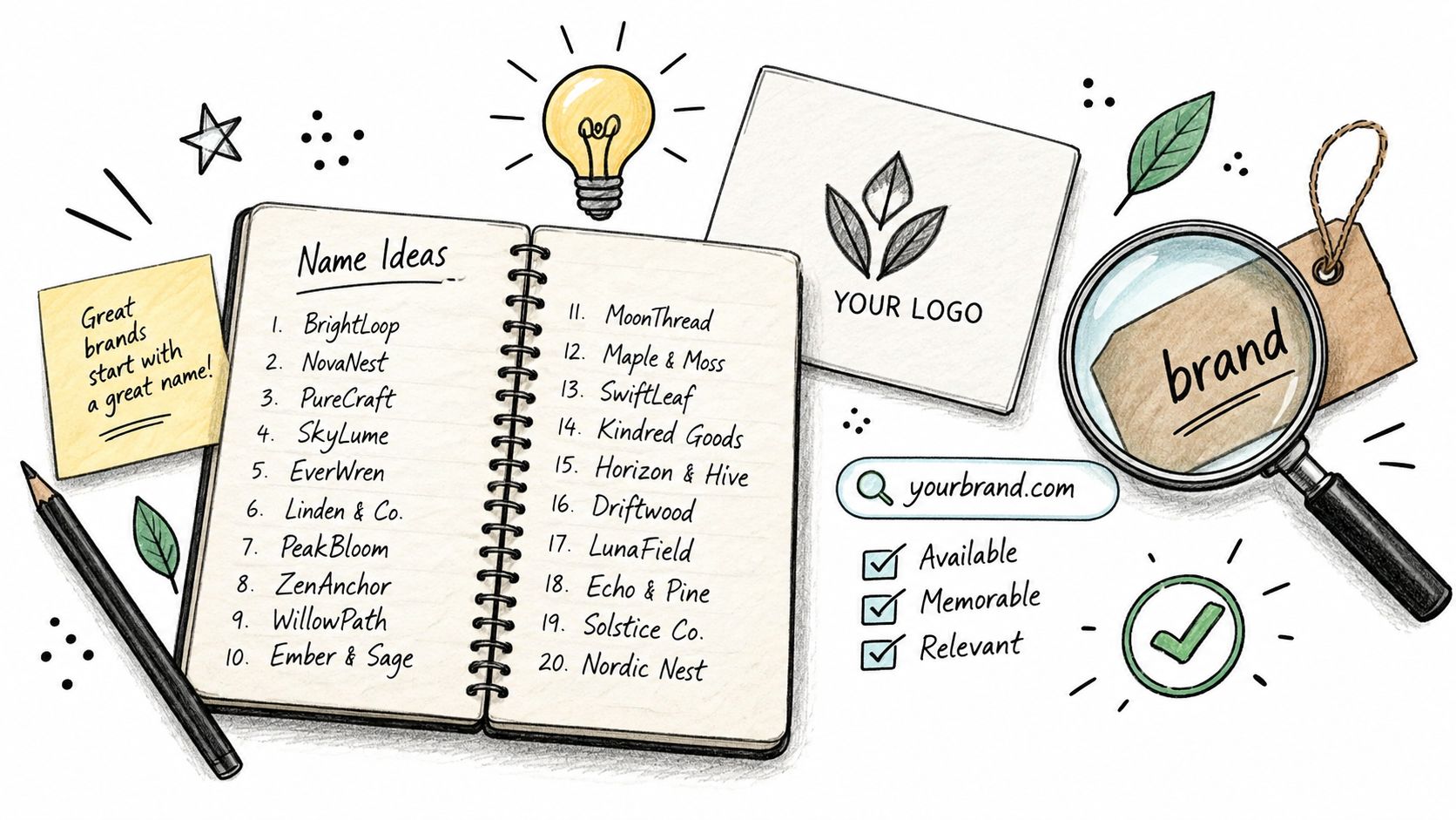 A hand-drawn illustration showing a notebook with twenty business name ideas next to a magnifying glass.