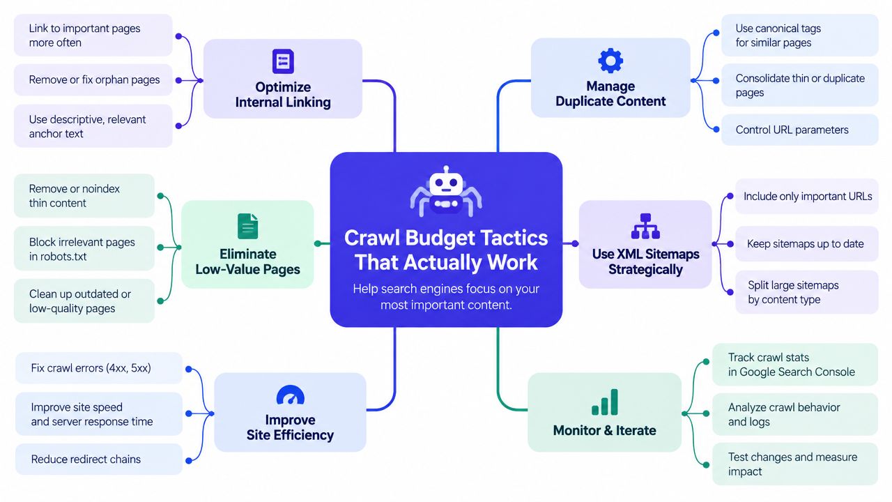 A mind map illustrating six effective SEO tactics to optimize crawl budget and improve search engine indexing.