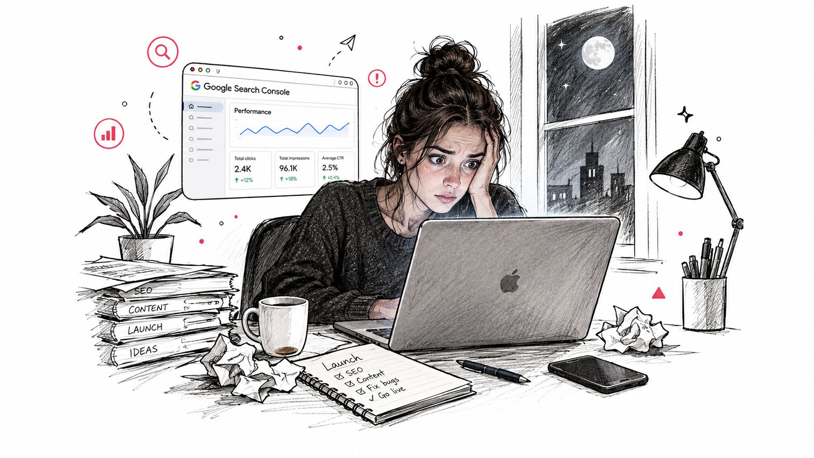 A stressed woman working late at her desk on an SEO project while analyzing search console data.