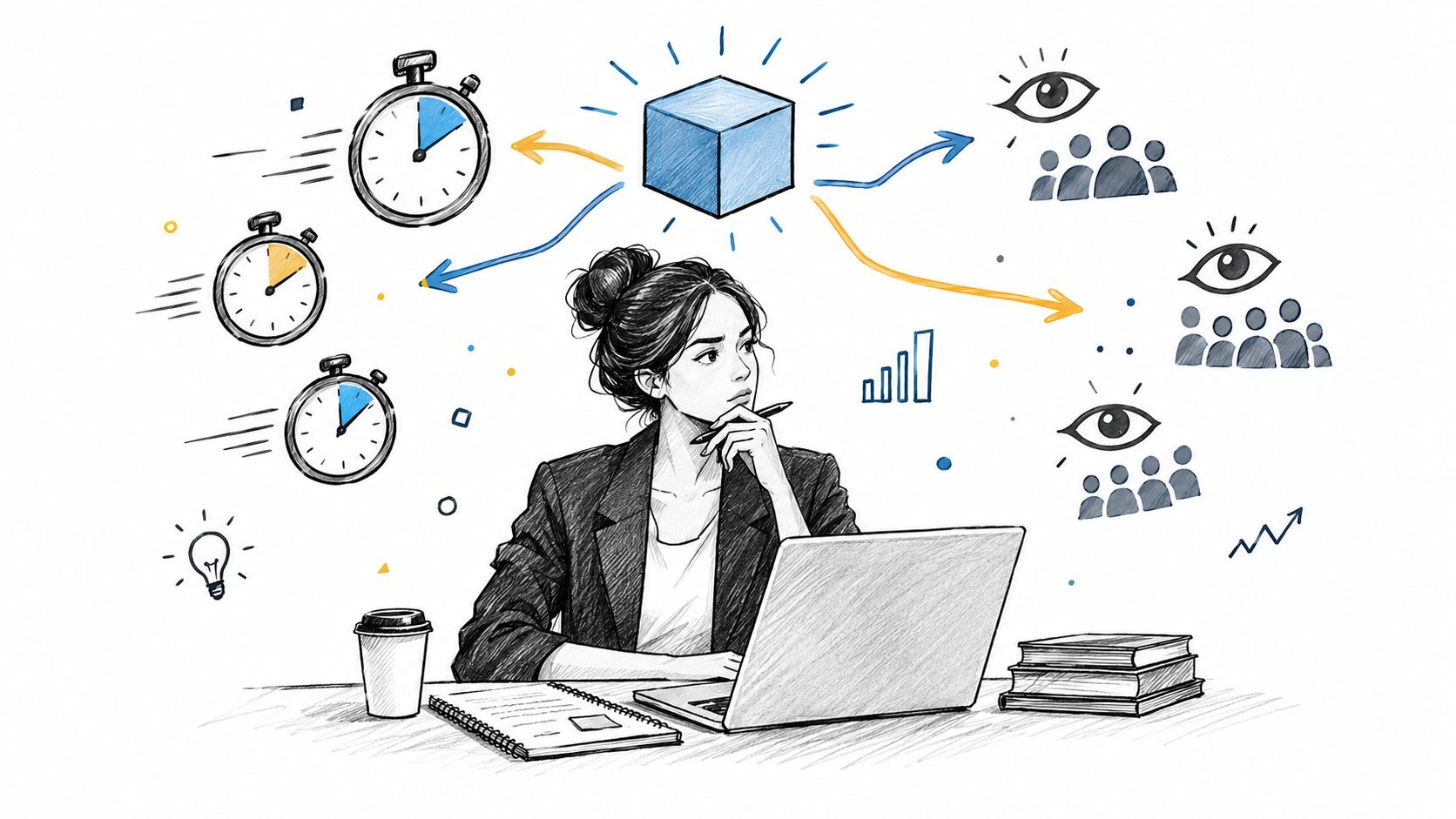 A professional woman working on a laptop surrounded by analytical sketches, icons, and real-time planning diagrams.