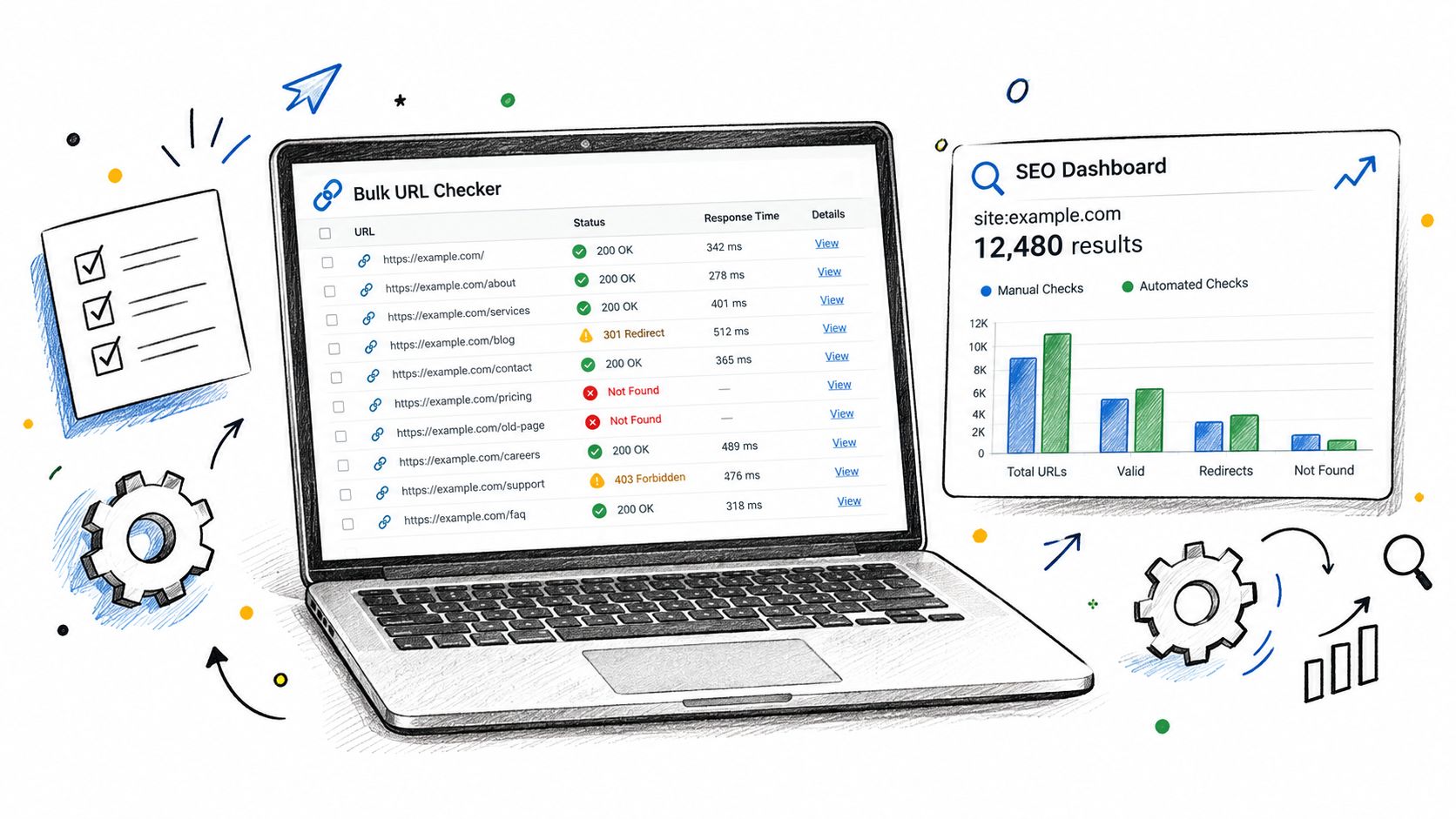 A laptop screen showing a bulk URL checker dashboard and a bar chart analyzing SEO results.
