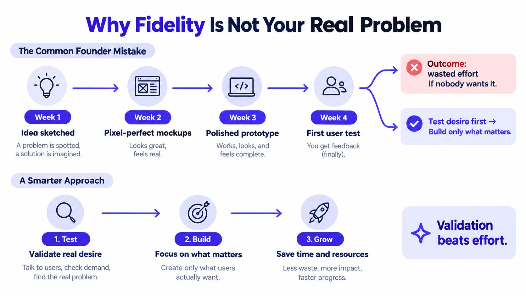 An infographic comparing the common founder mistake of building before testing versus a smarter validation-first product approach.