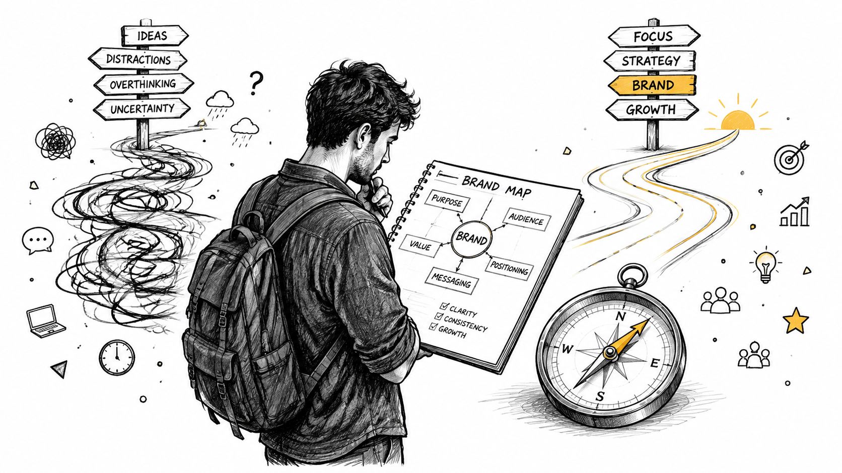 A person holding a brand map notebook, illustrating the transition from uncertainty to a clear business strategy.
