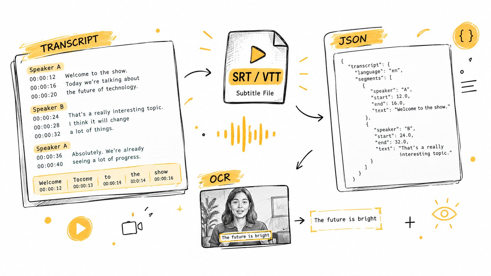 A hand-drawn illustration depicting video transcription, subtitle generation, and OCR technology for digital content processing.