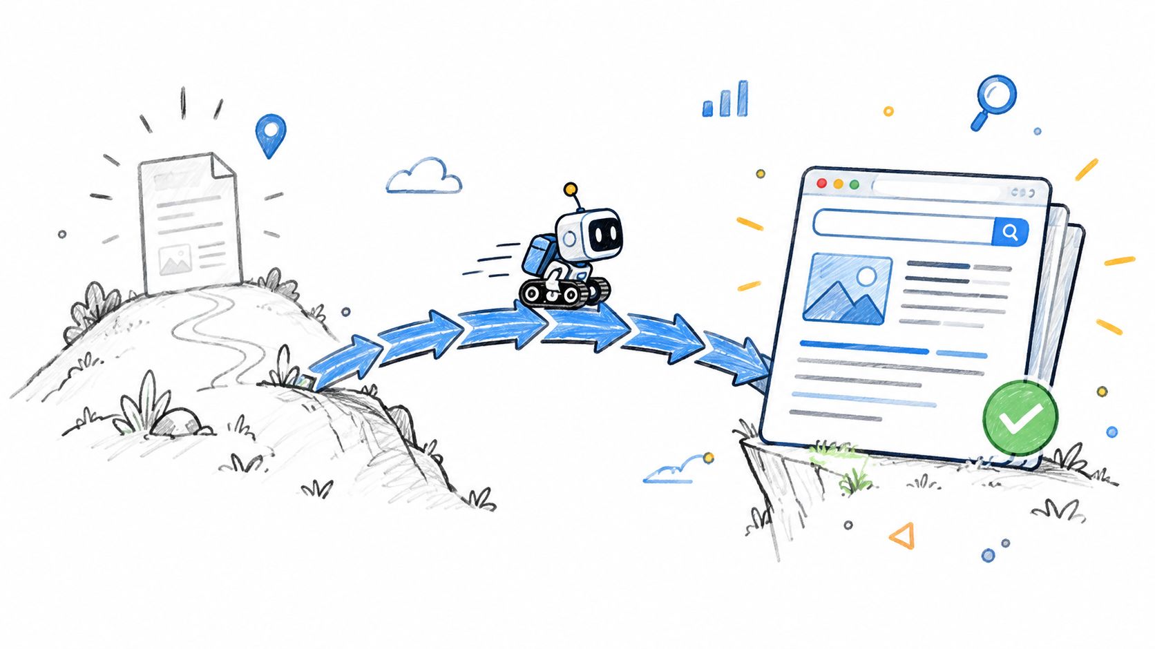 A small robot traveling over an arrow bridge from a document to a search engine browser window.