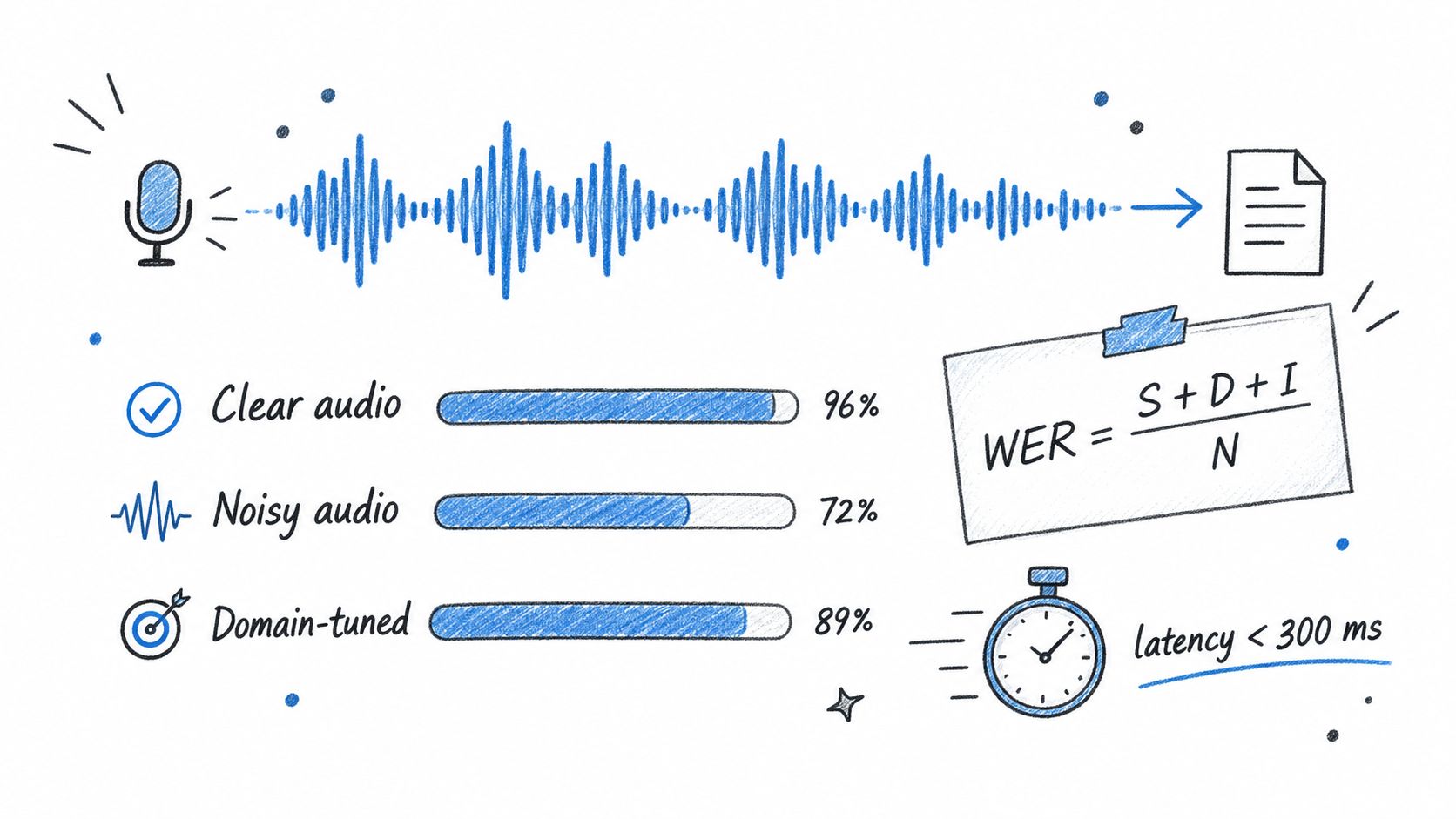 A hand-drawn illustration showing speech-to-text accuracy metrics for clear audio, noisy audio, and domain-tuned models.