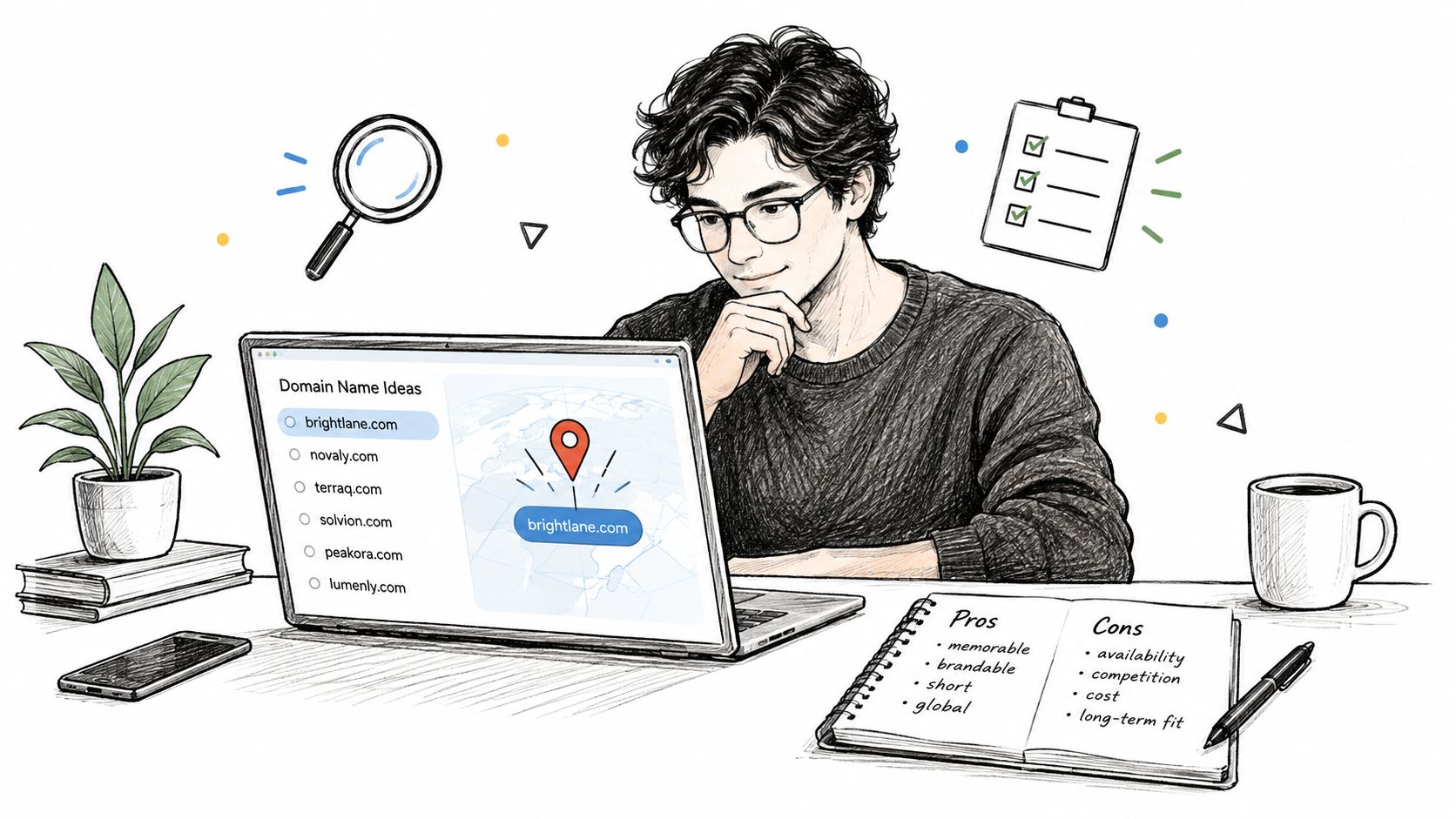 A young man sits at a desk thoughtfully reviewing domain name options on his laptop screen.