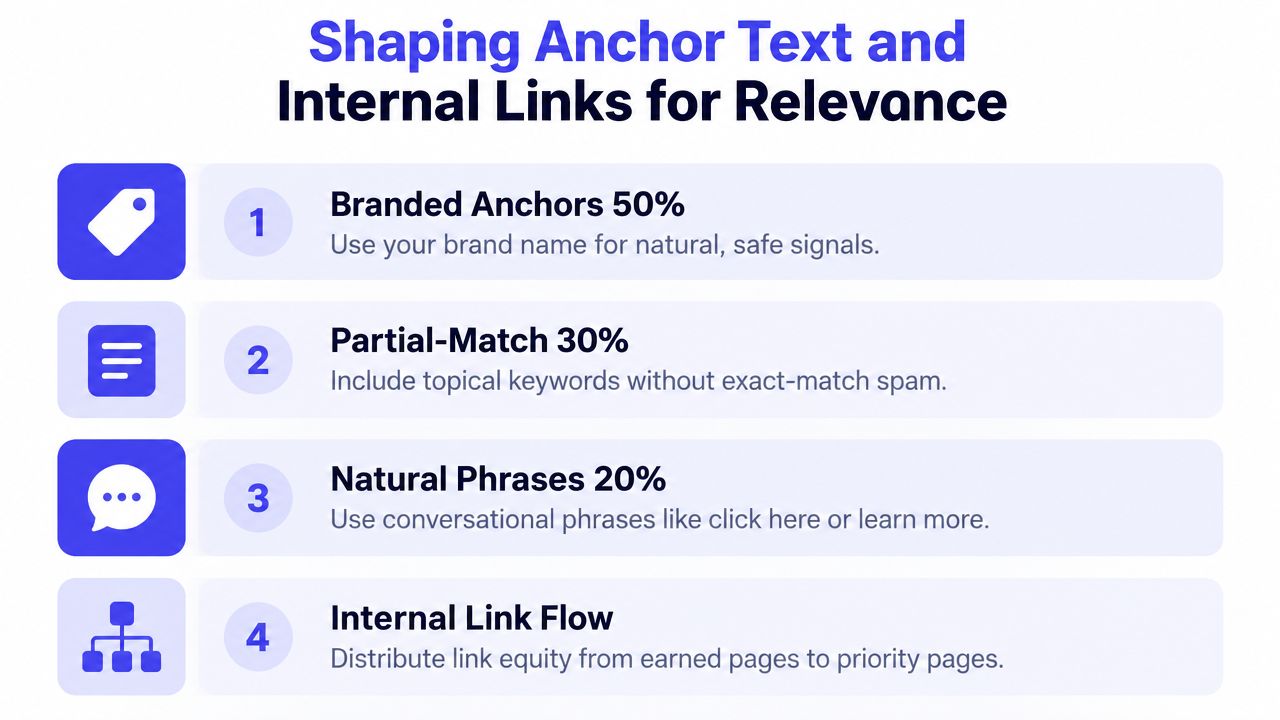 A guide illustrating how to shape anchor text and internal links for better SEO relevance.