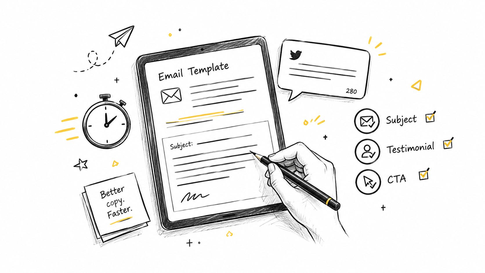 A hand-drawn illustration showing a tablet screen used for editing email templates, including subject lines and testimonials.