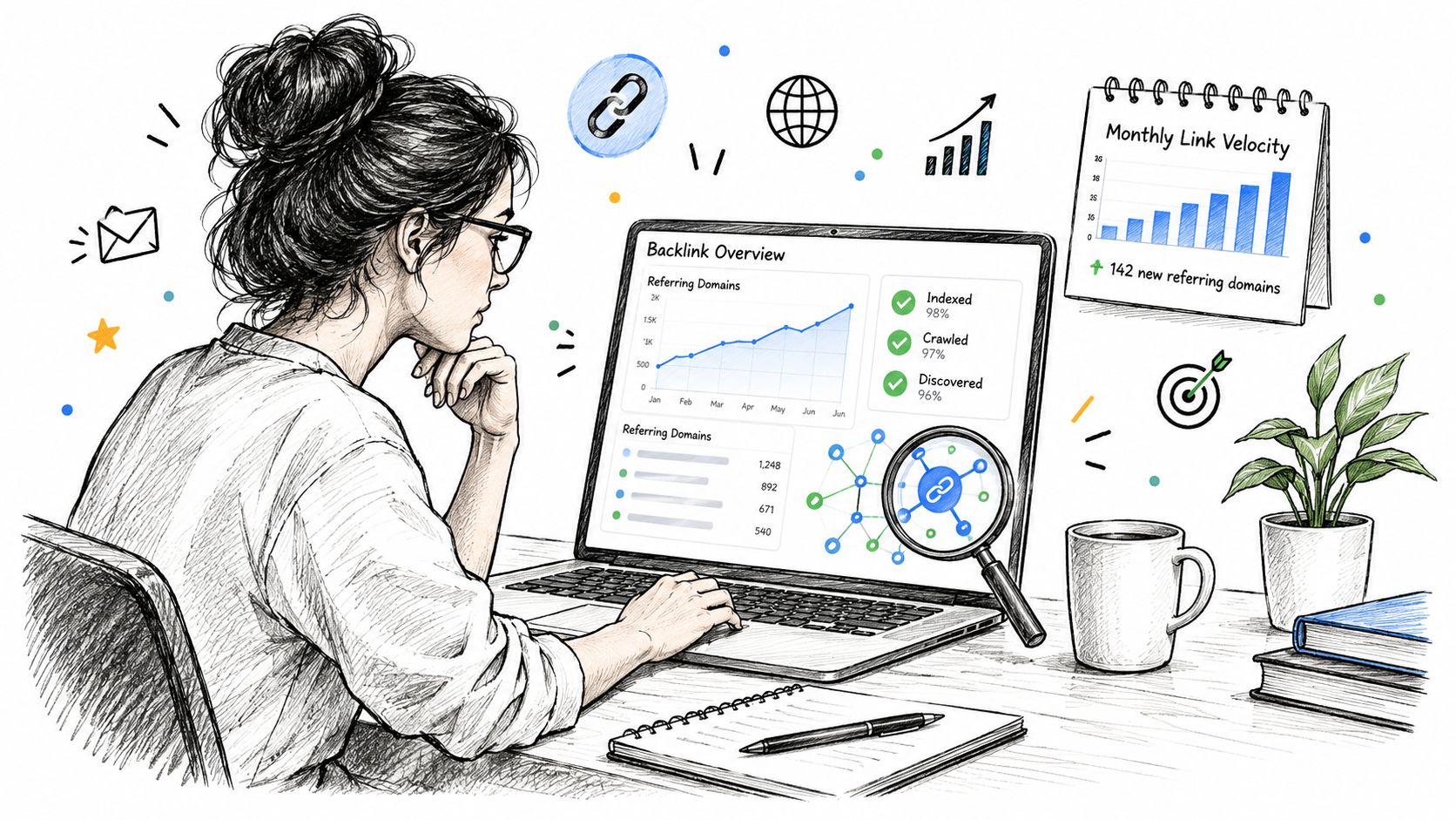 A professional woman analyzing backlink data and SEO performance metrics on her laptop screen in a bright office.