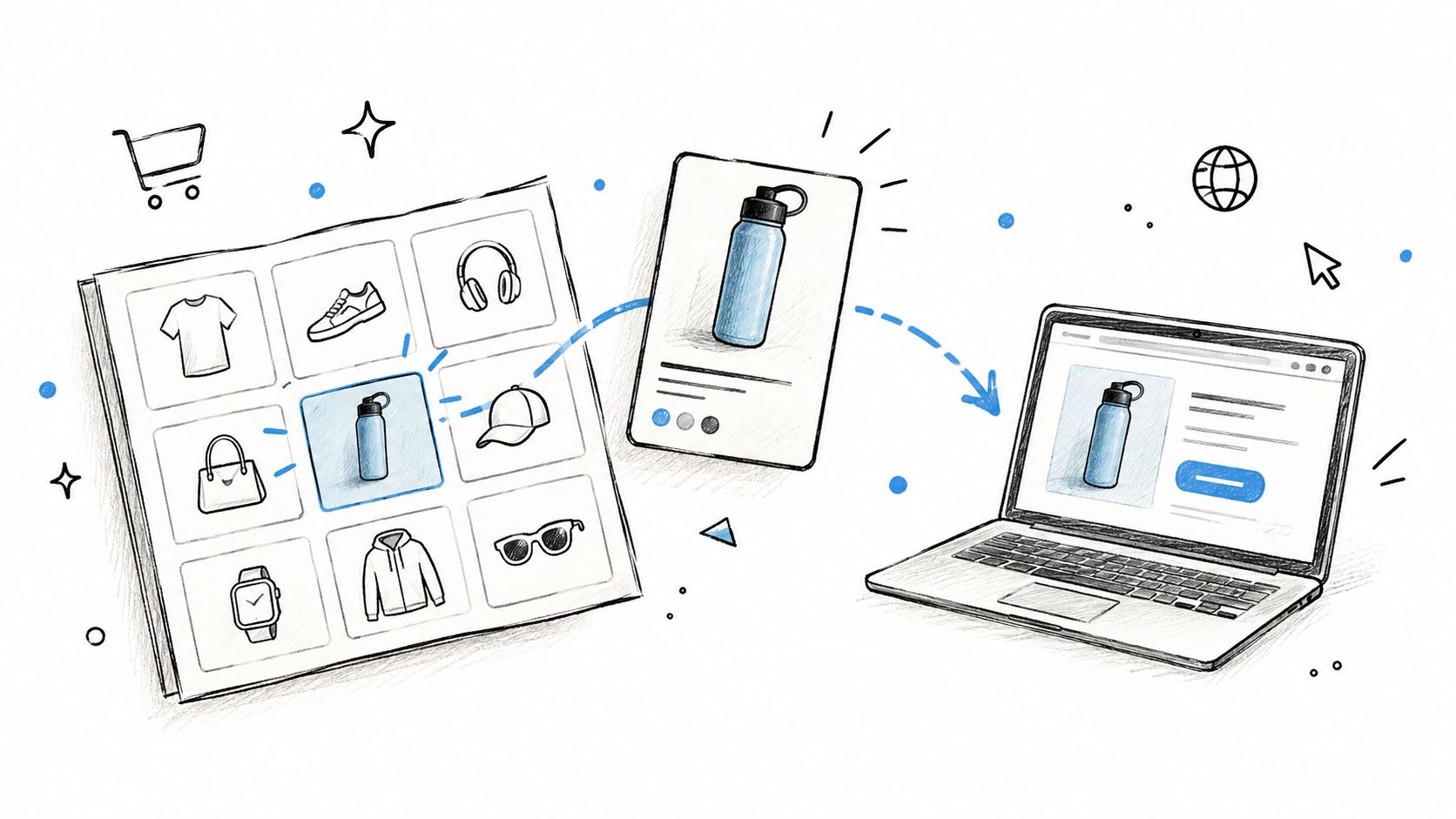 A conceptual illustration showing products transitioning from a catalog interface to an online e-commerce laptop website.