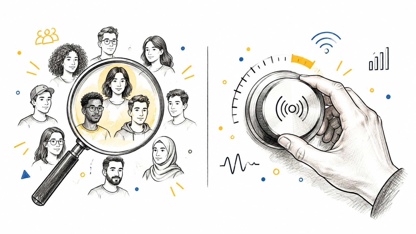 A conceptual illustration showing a magnifying glass focusing on a diverse group of people beside a dial.