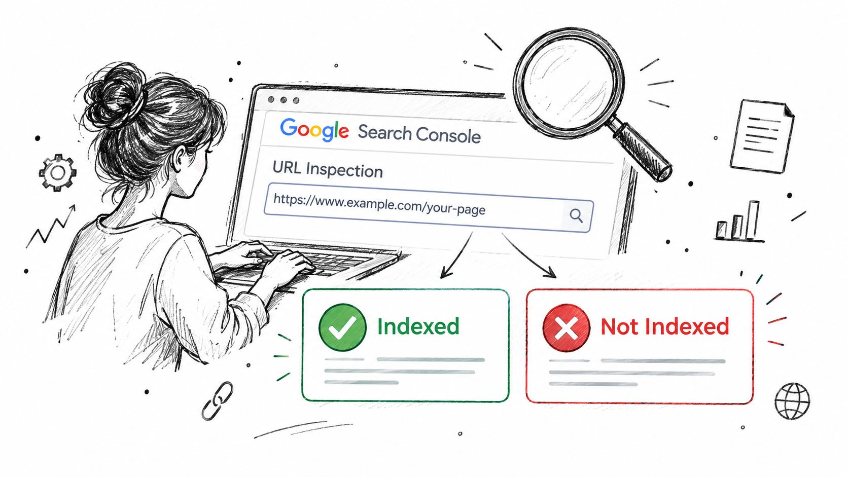 A woman using a laptop to check Google Search Console for indexed and not indexed website pages.