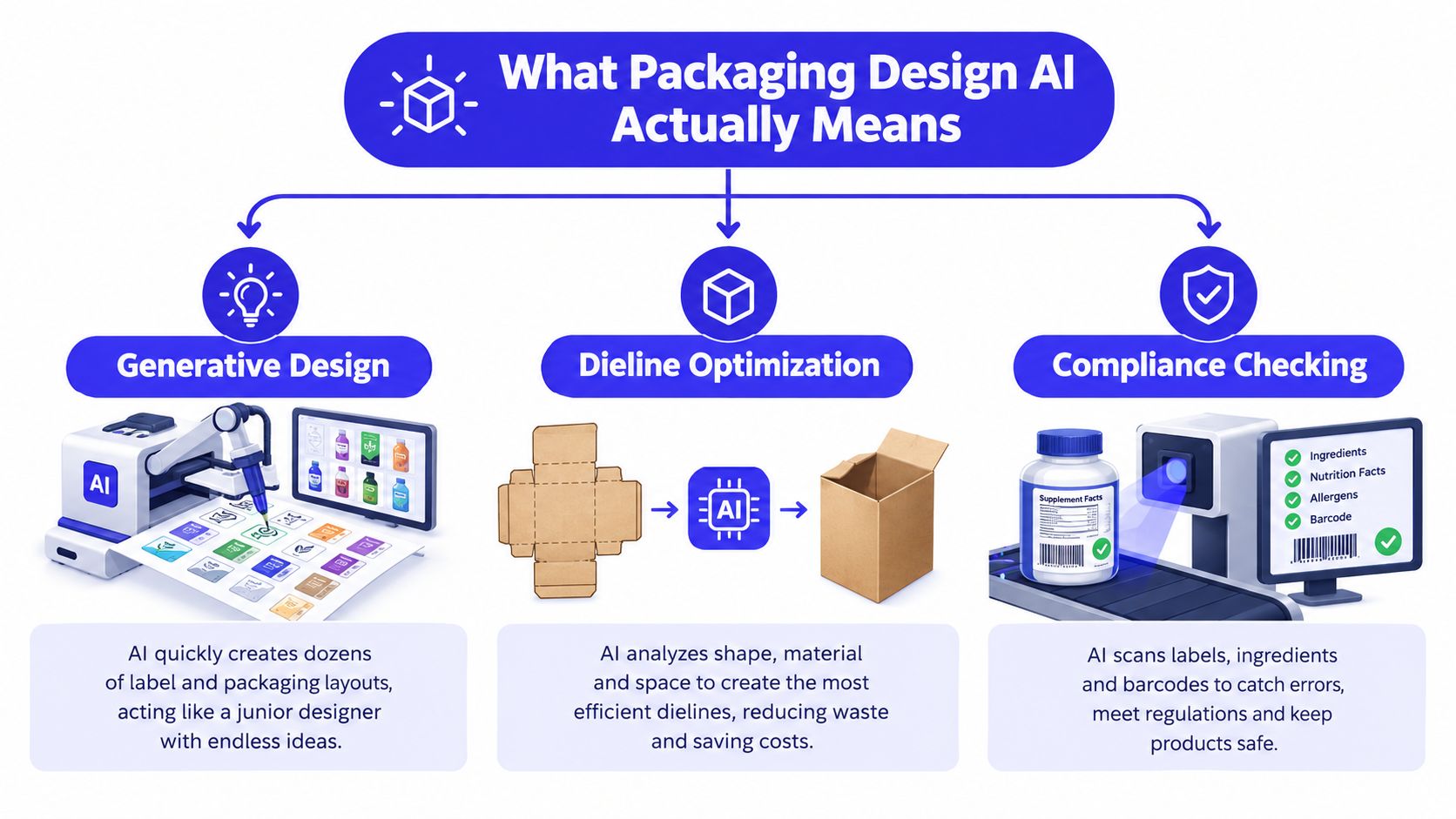 An infographic showing the three main applications of AI in packaging design: generative design, dieline optimization, and compliance checking.