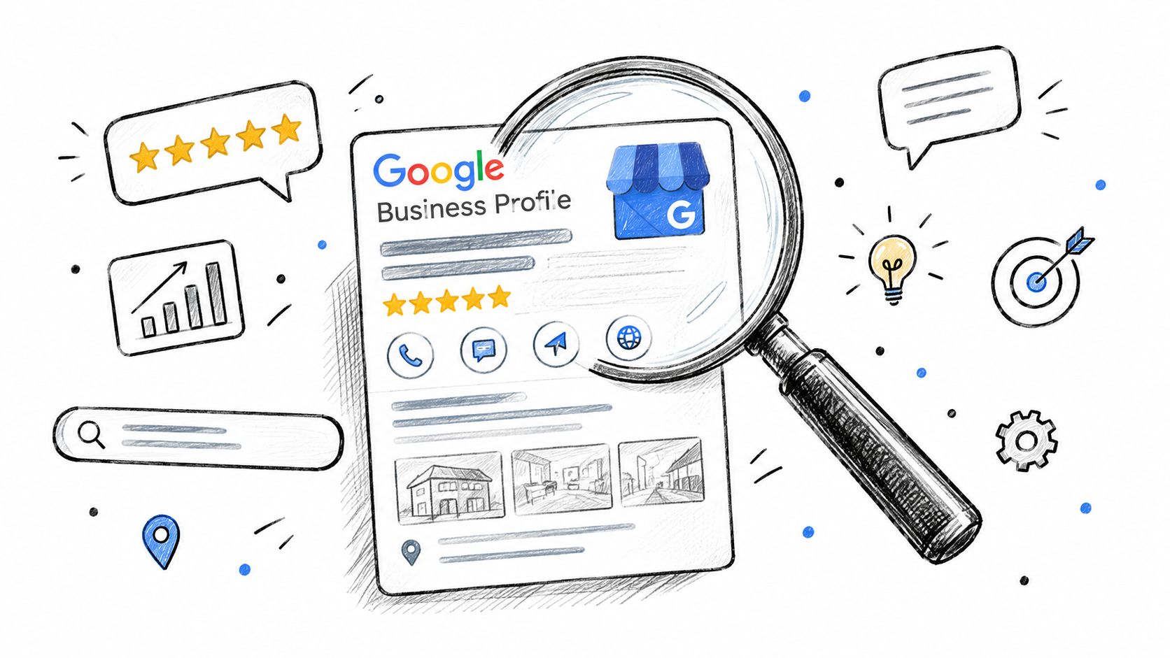A hand-drawn illustration depicting a magnifying glass focused on a Google Business Profile listing with star ratings.