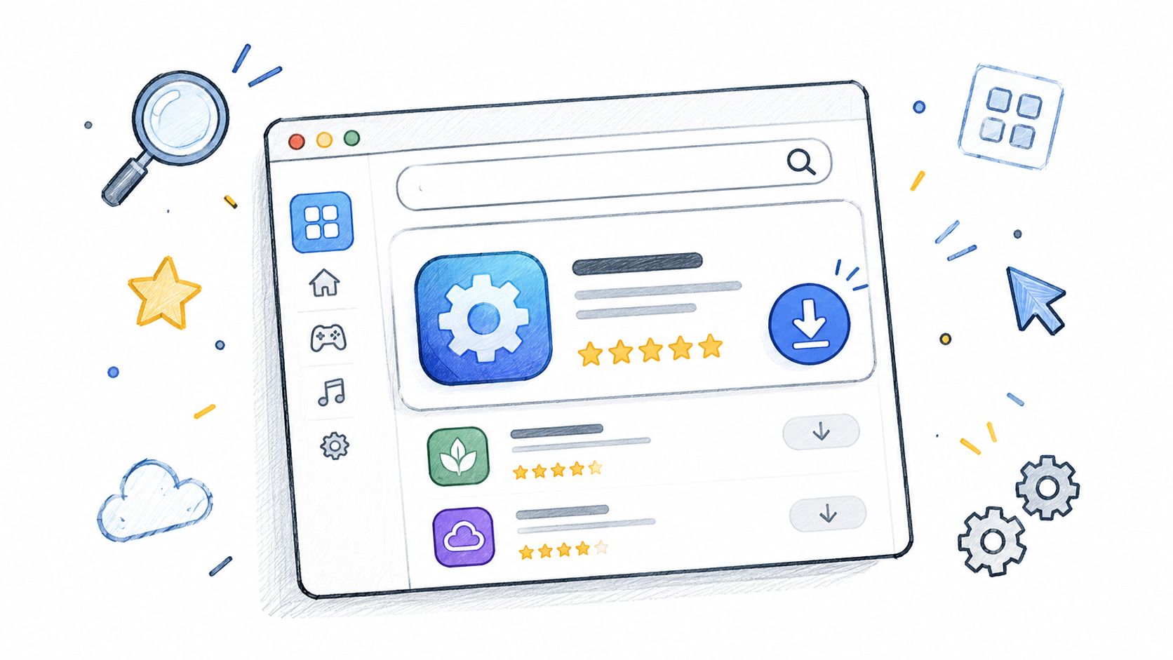 A sketched illustration of a digital app store interface showing various software download options and navigation icons.