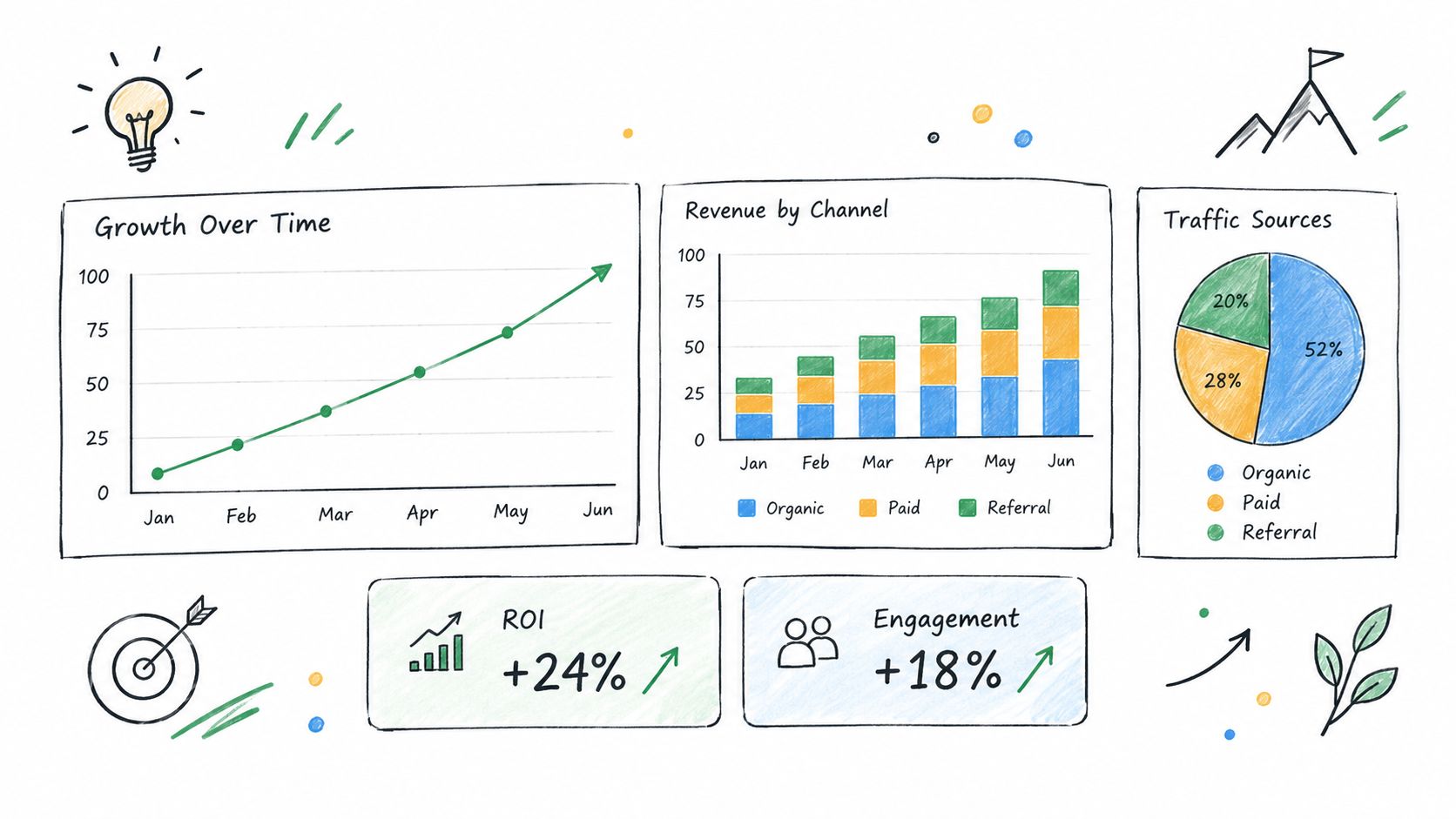 A hand-drawn business analytics dashboard showing growth, revenue by channel, and traffic source pie charts.