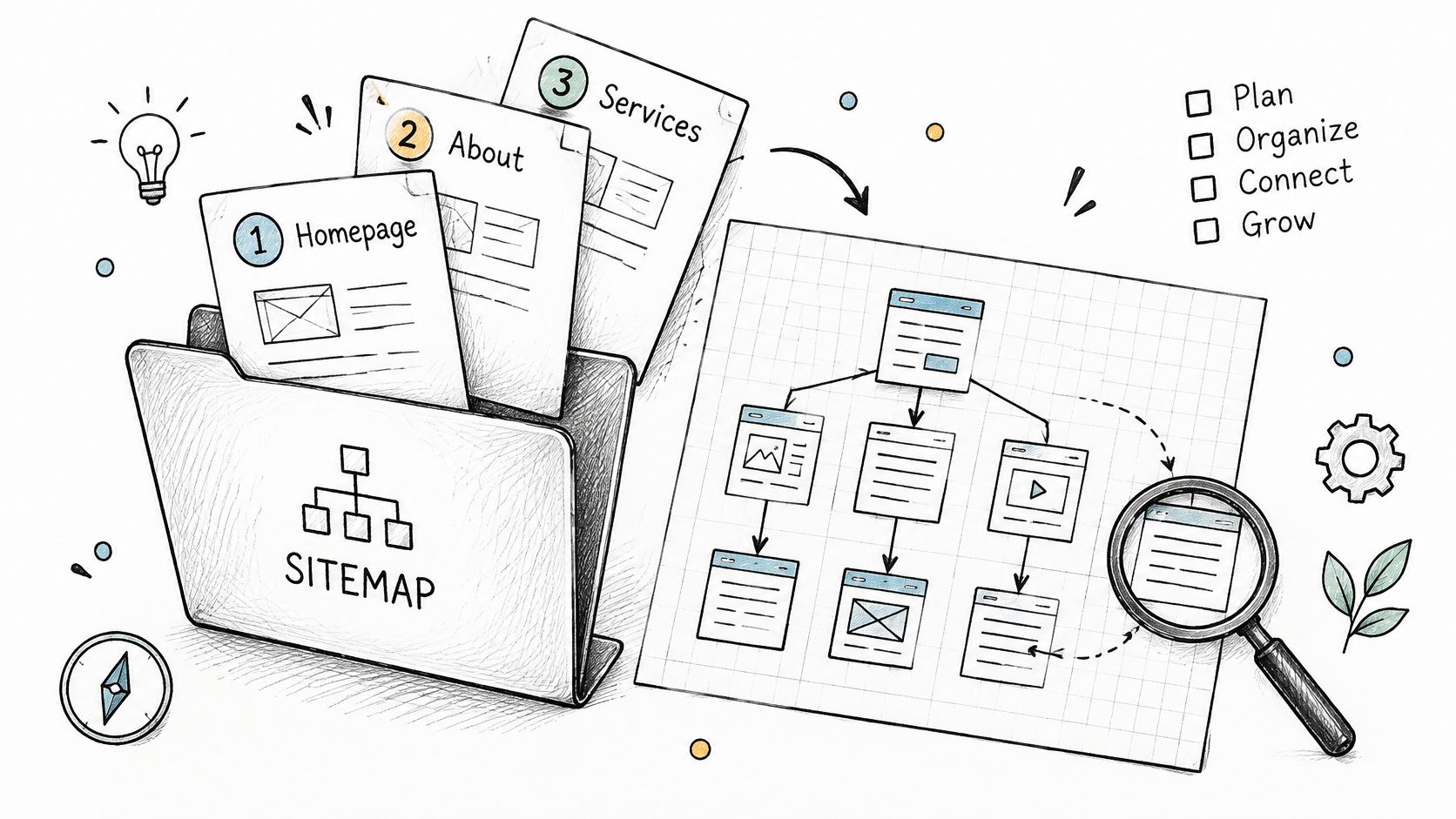 A hand-drawn illustration depicting a website sitemap folder and a structural diagram of web pages.