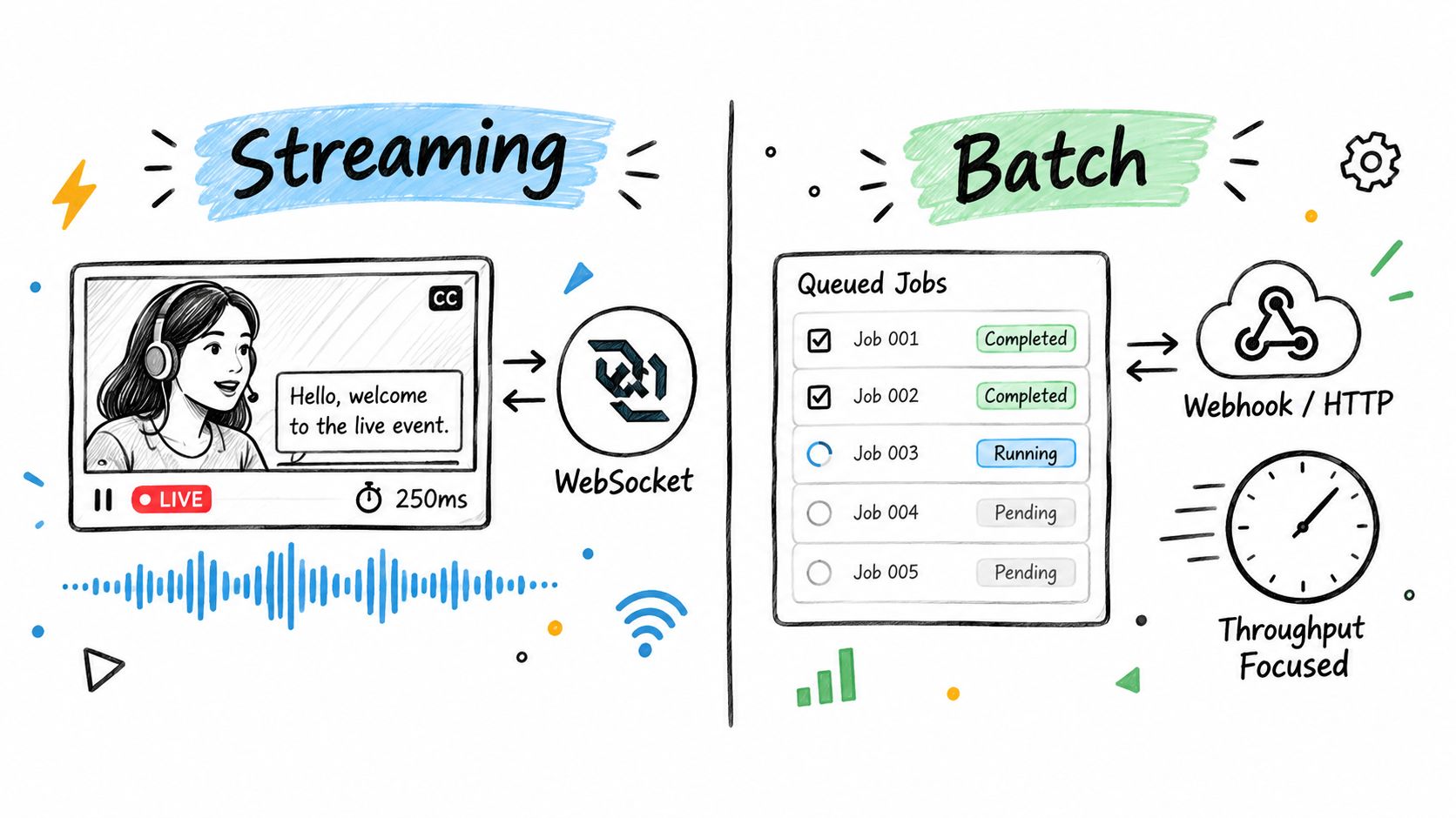 A diagram comparing streaming and batch processing methods for video transcription APIs with icons and labels.