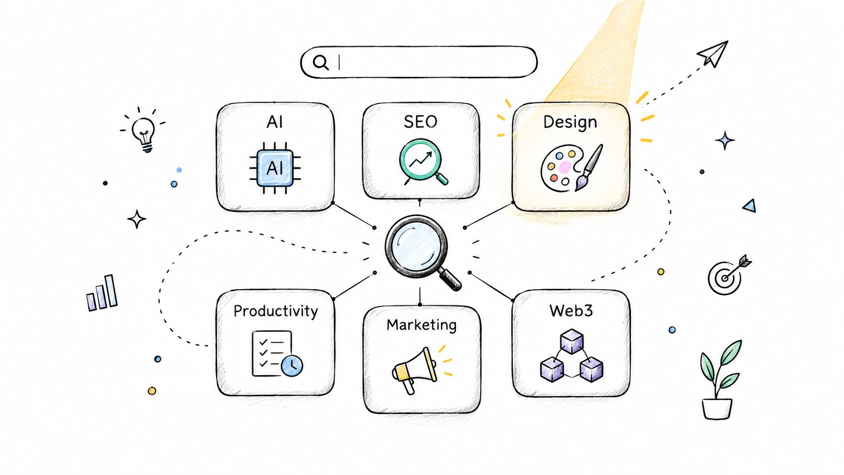 A hand-drawn diagram illustrating a search interface connected to six various business and technology categories.
