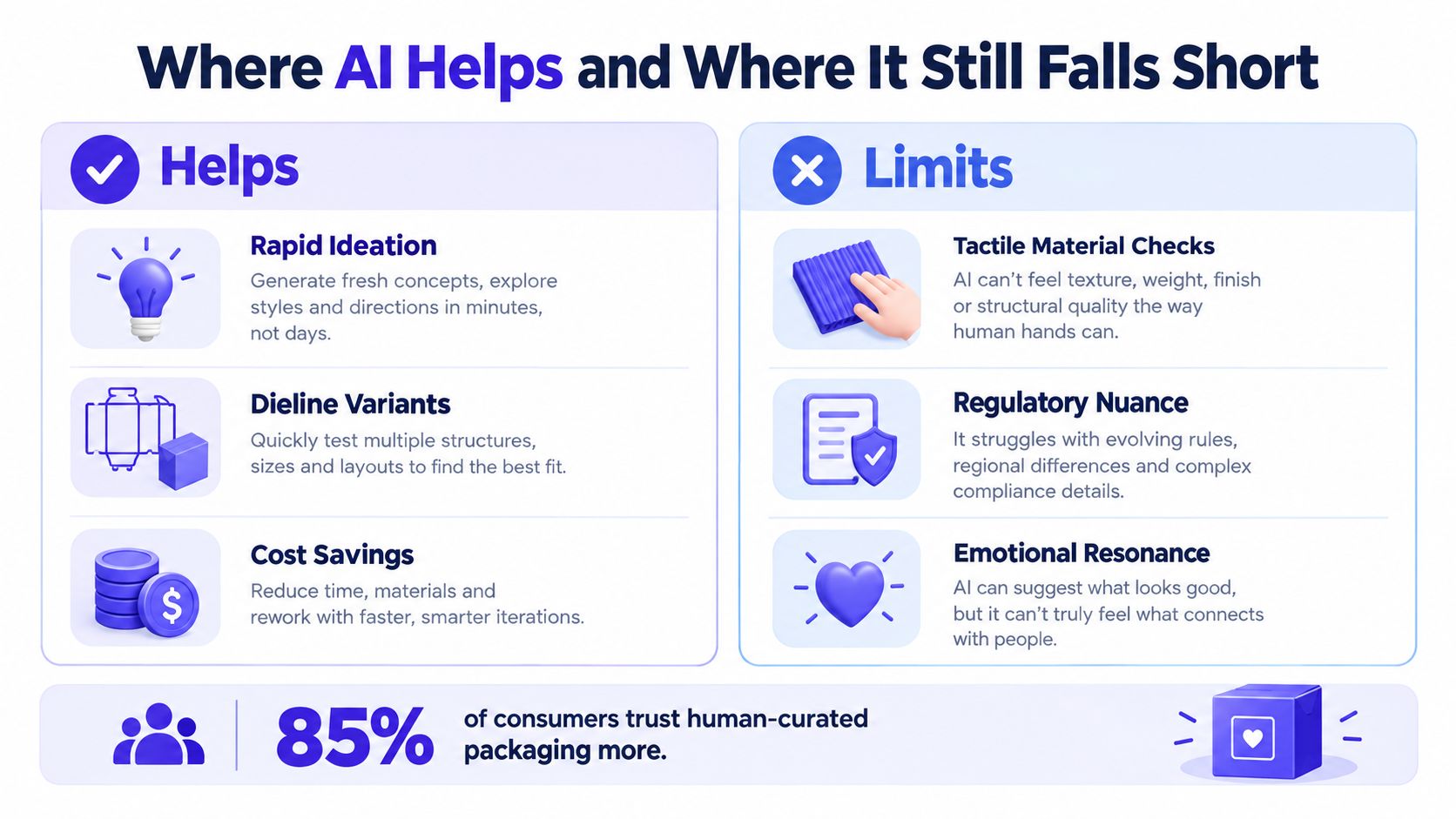 An infographic comparing the benefits and limitations of using artificial intelligence in the packaging design process.
