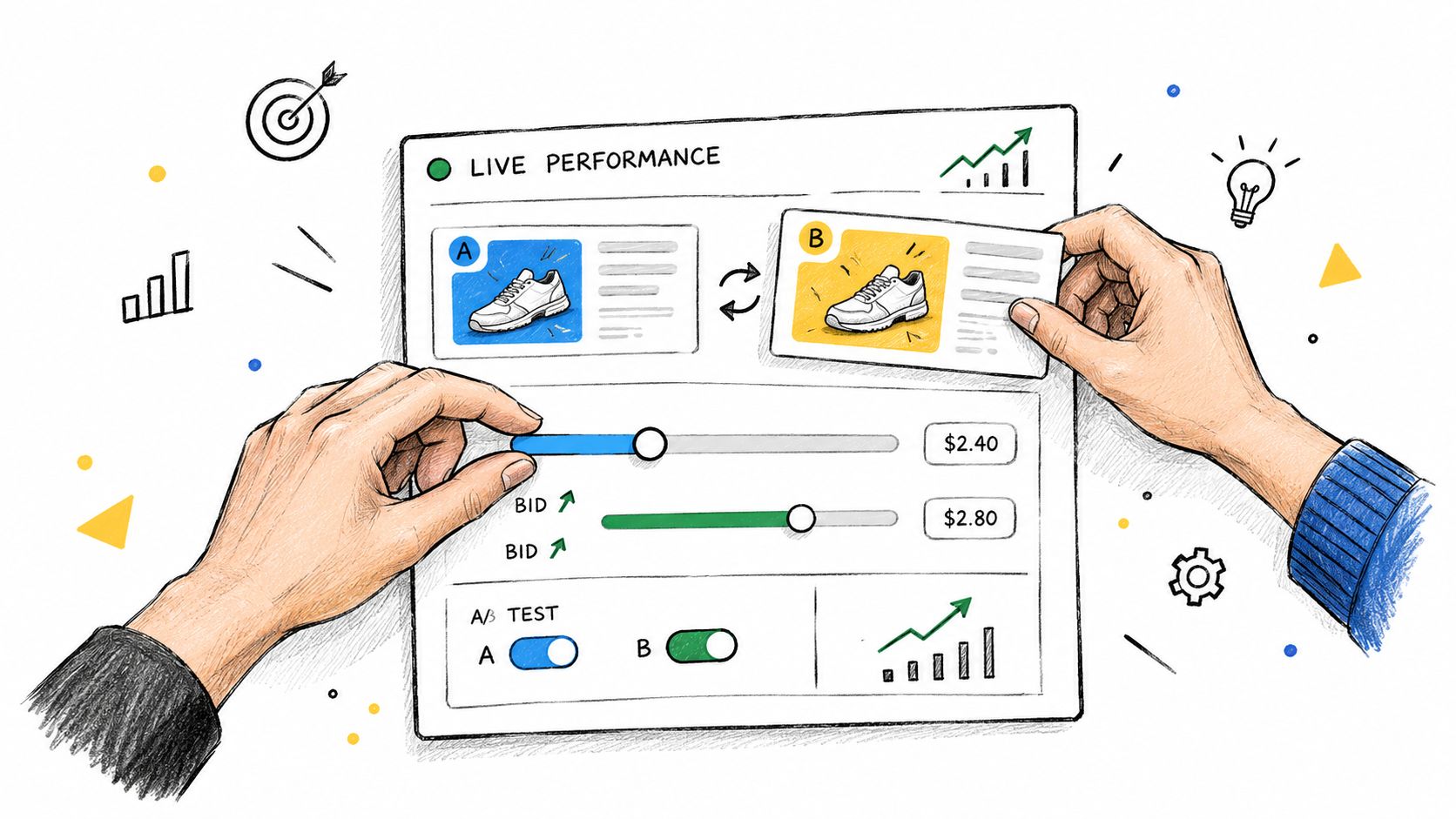 A conceptual illustration showing human hands managing real-time A/B advertising campaign performance and bidding strategies.