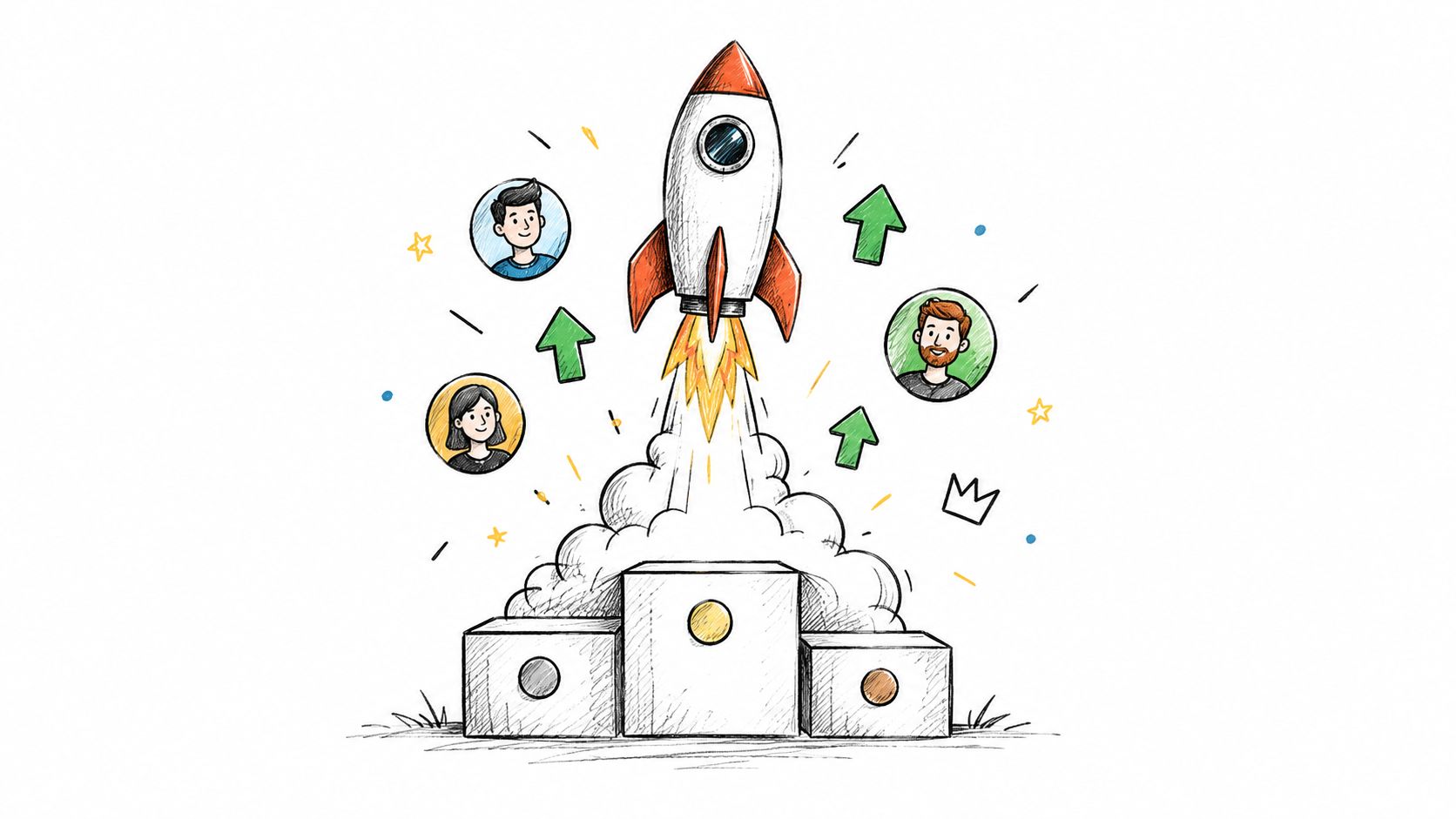 A hand-drawn illustration of a rocket launching from a pedestal surrounded by team members and growth arrows.