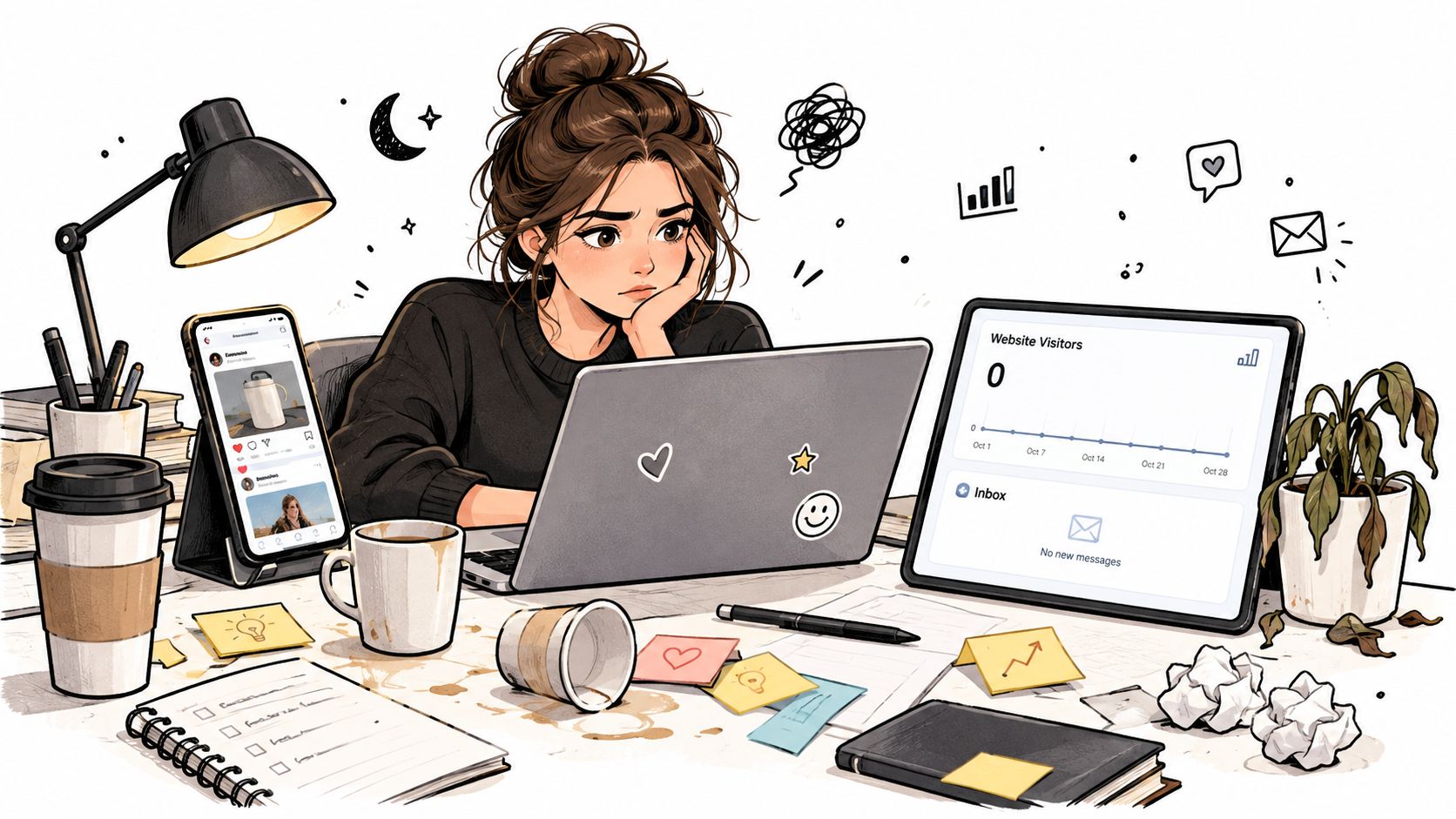 A tired woman sits at a cluttered desk working on a laptop with zero website visitors.