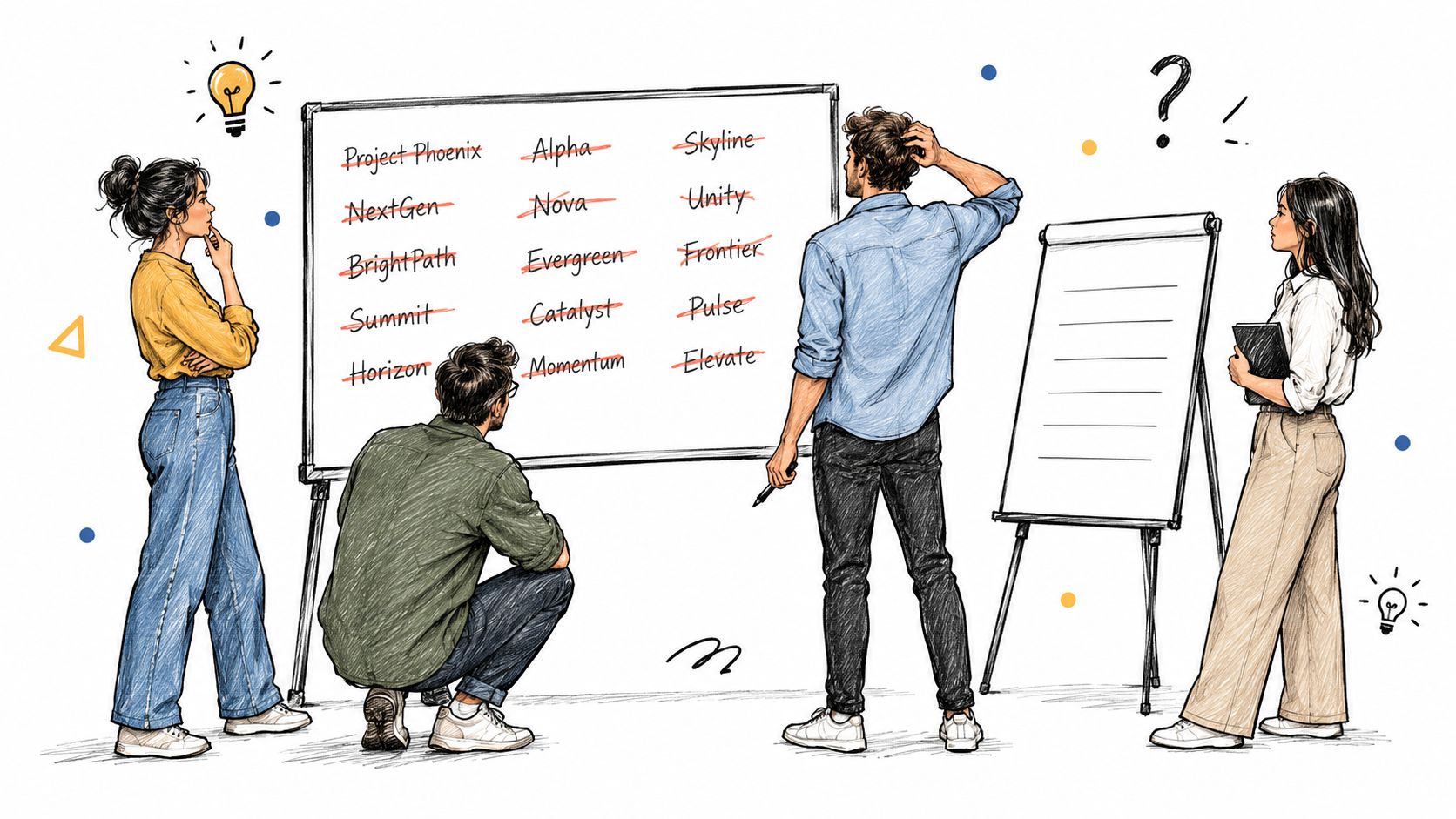 A team of four people brainstorming project names on a whiteboard in a bright office space.