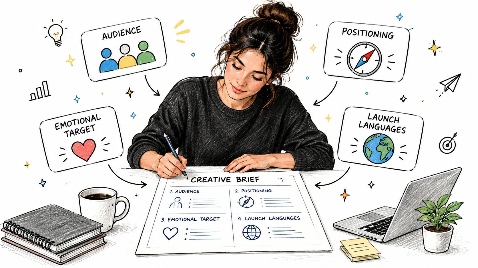 A creative professional working on a strategic creative brief document at a desk with office supplies.