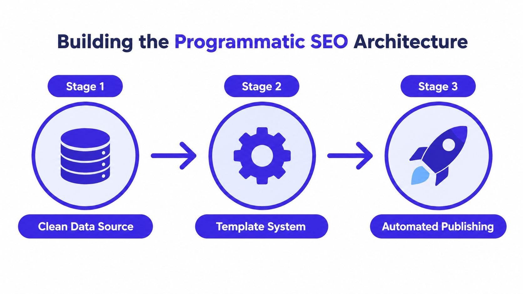 A diagram illustrating the three-stage process for building a programmatic SEO architecture including data, templates, and publishing.