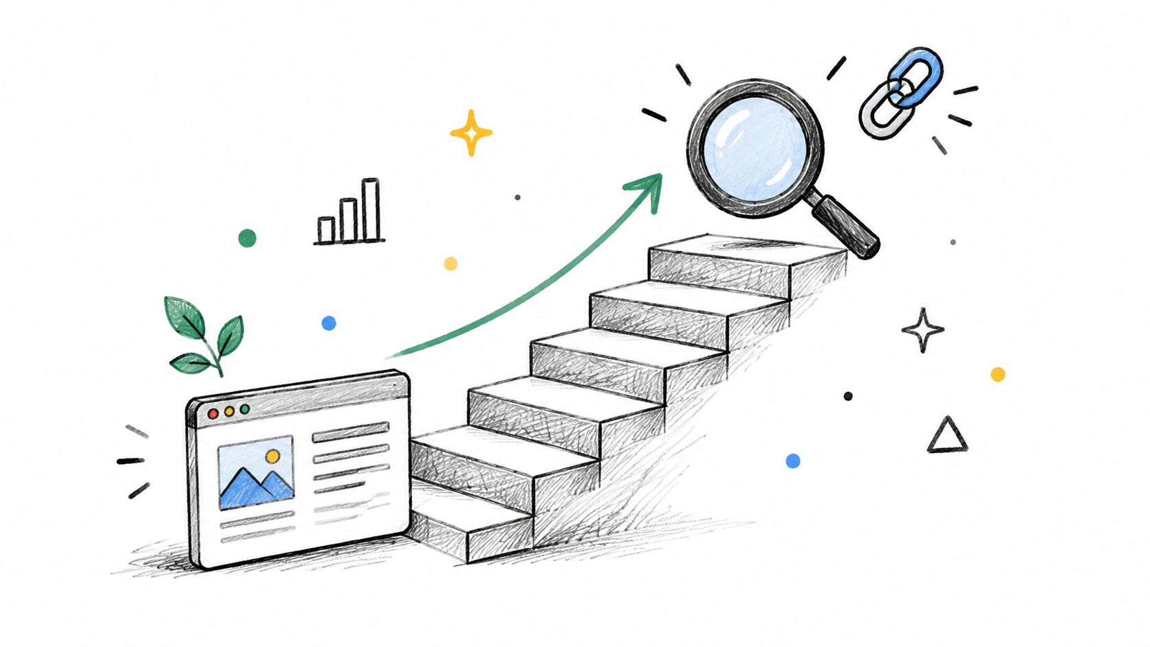 A hand-drawn illustration showing a website page leading up stairs towards a magnifying glass and links icon.
