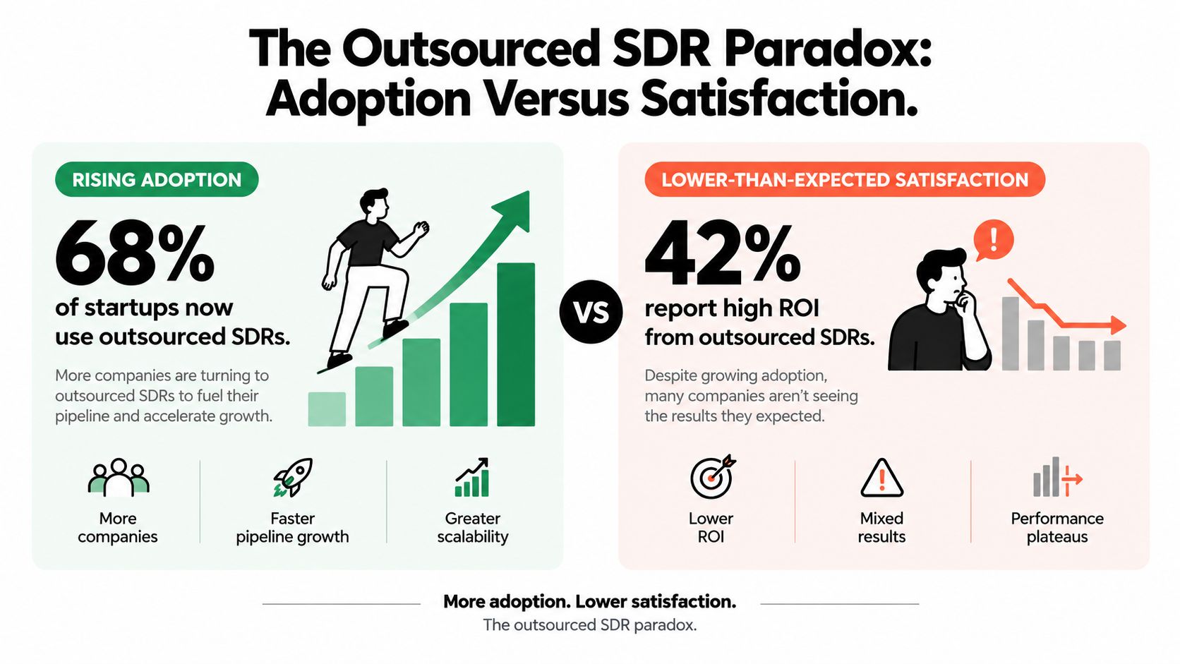 An infographic showing the outsourced SDR paradox where rising adoption contrasts with lower-than-expected return on investment results.