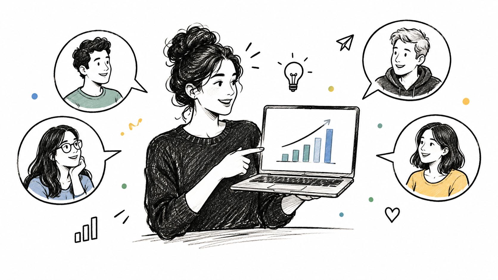 A woman presenting a growth chart on her laptop during a remote video collaboration meeting.