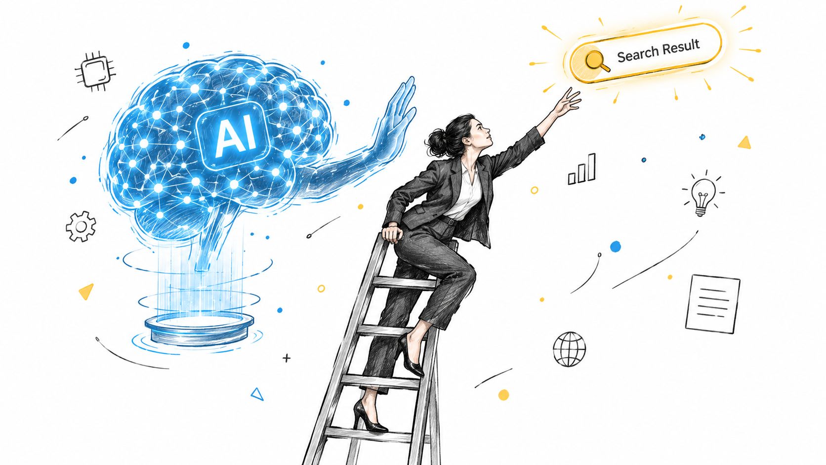 A businesswoman on a ladder reaching for a glowing search result symbol next to a digital AI brain.
