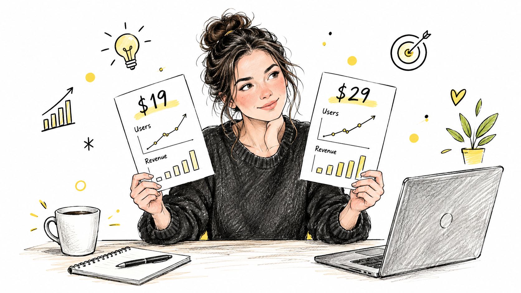 A woman at her desk comparing two financial pricing documents labeled nineteen and twenty-nine dollars respectively.