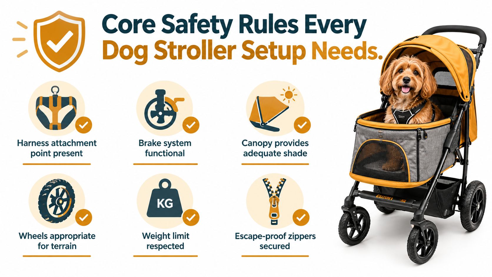 An infographic showing six essential safety rules for using a dog stroller with a pet sitting inside.
