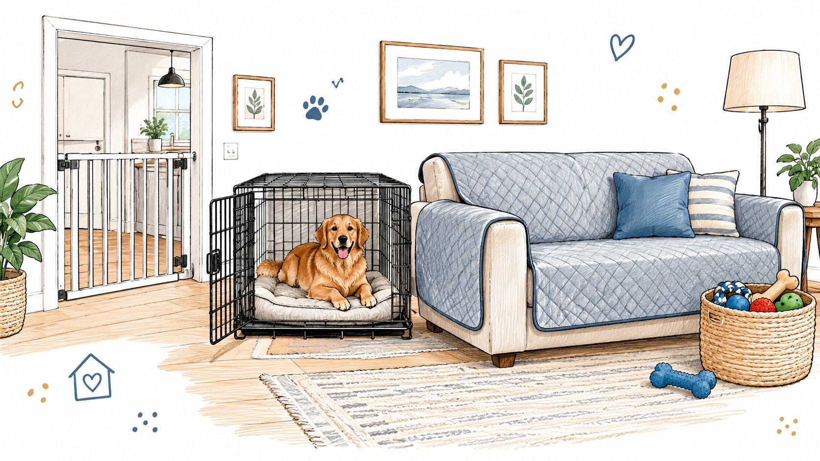 A golden retriever relaxing inside a wire dog crate next to a sofa protected by a cover.