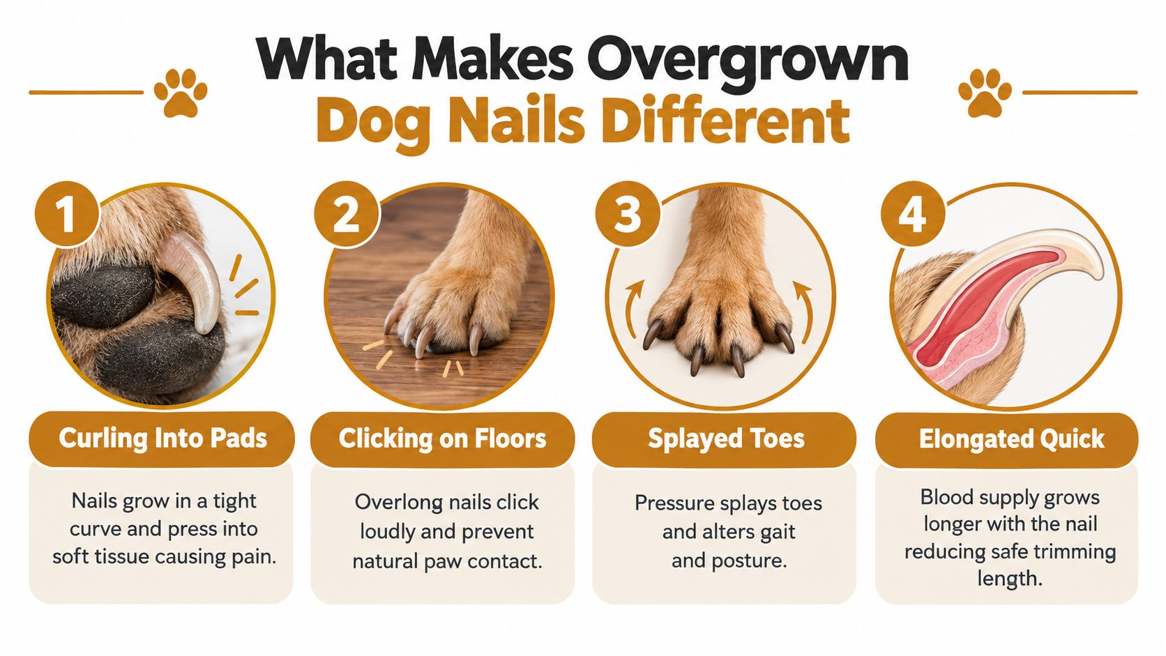 An infographic illustrating four common issues associated with overgrown dog nails including curling, clicking, splaying, and quicks.