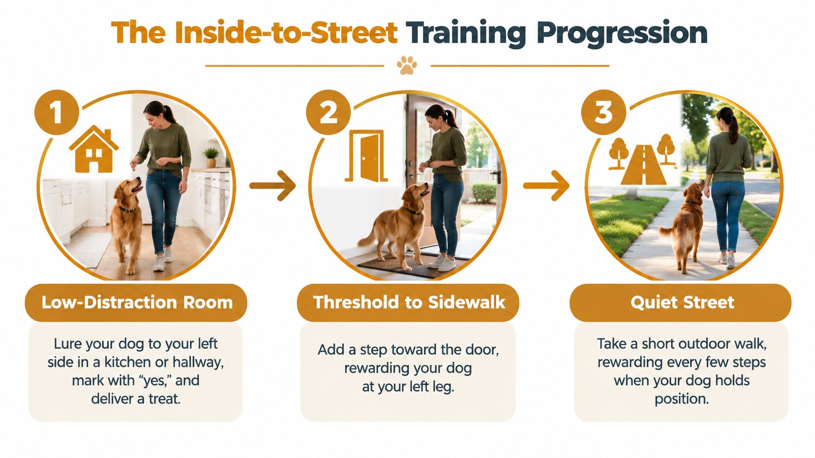 Un'infografica istruttiva che mostra una progressione in tre fasi per addestrare un cane a camminare accanto al suo proprietario.
