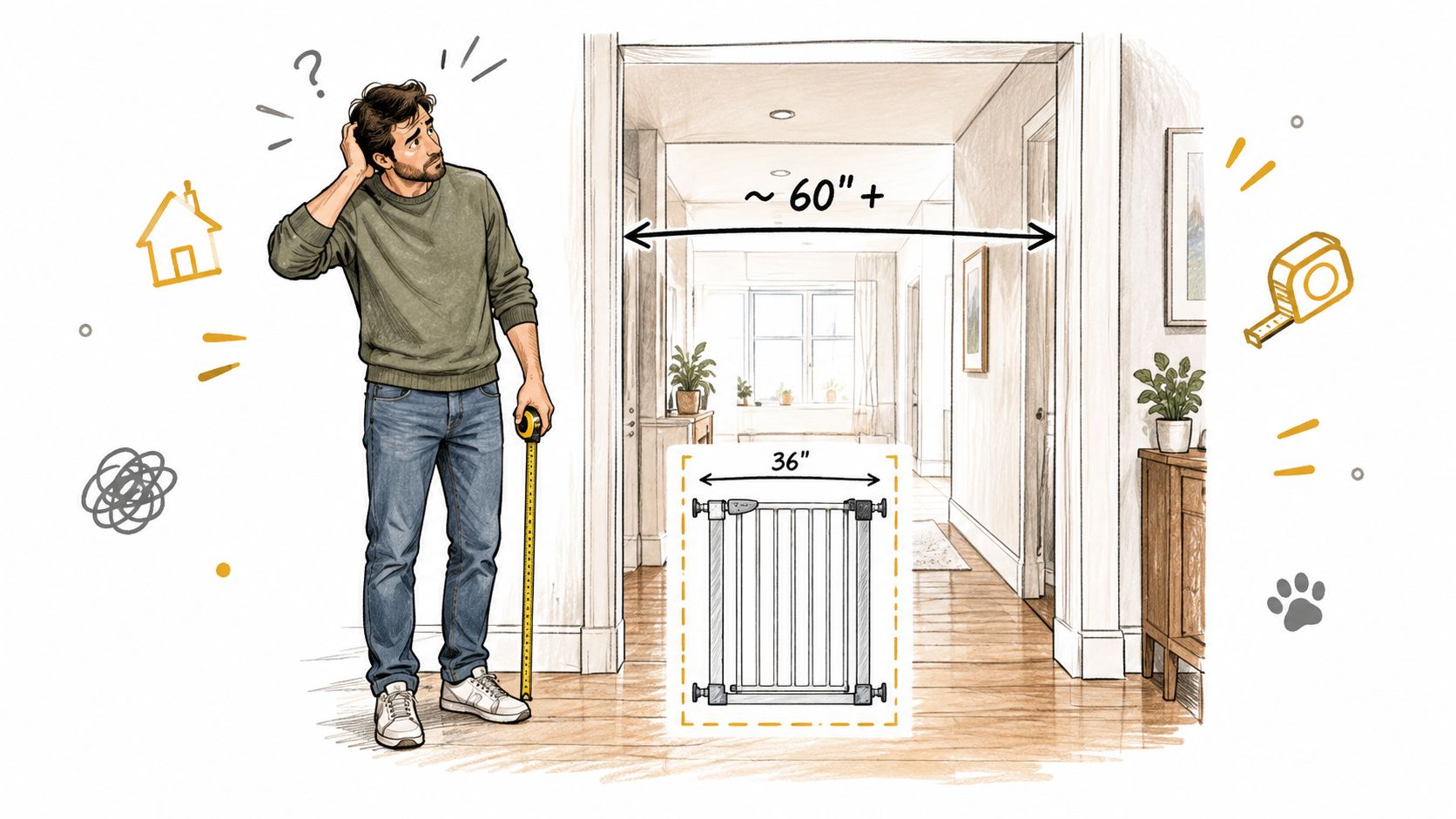 A man holding a measuring tape standing before a wide hallway that is too large for his baby gate.