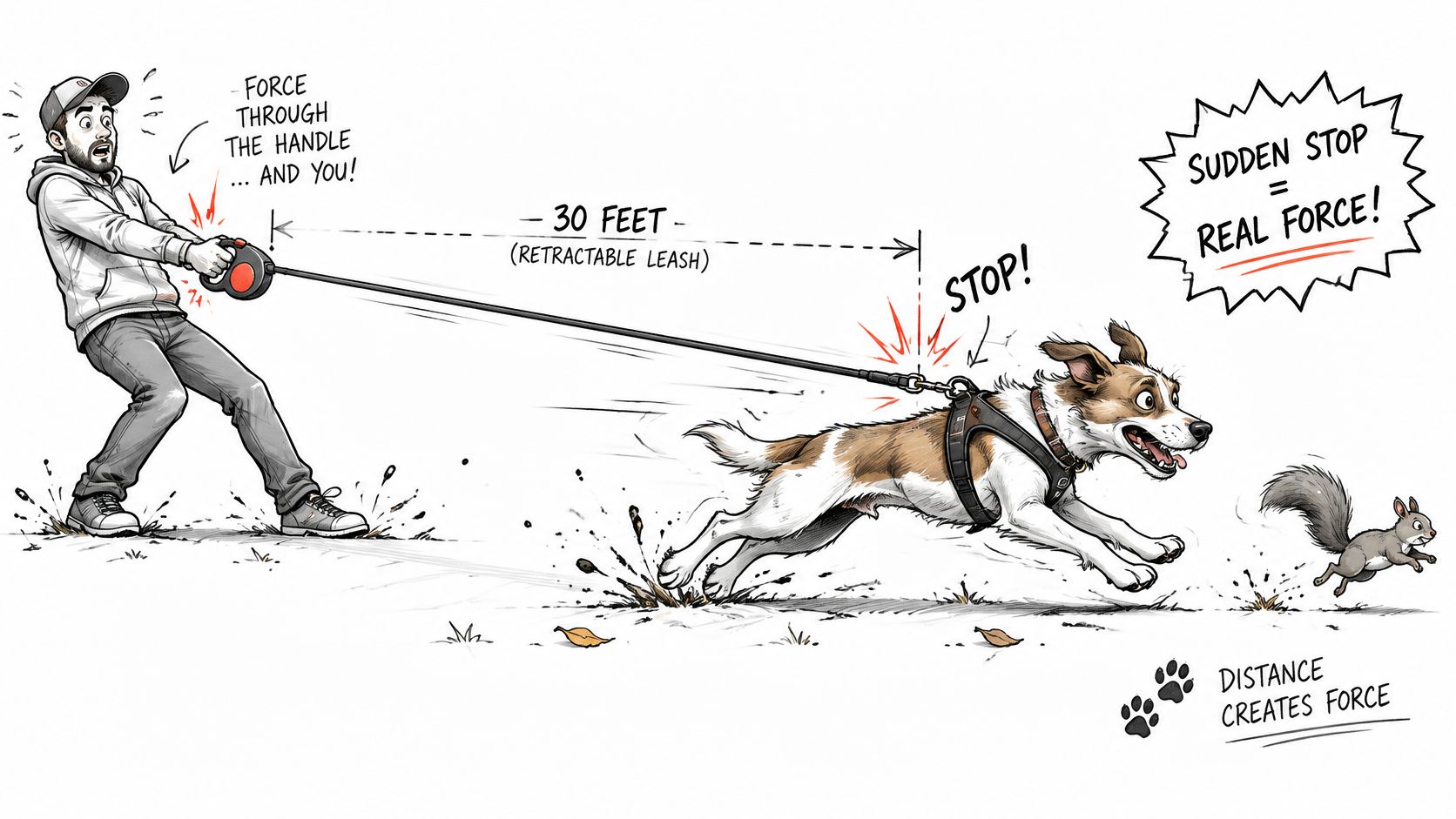 A man pulled by his dog on a thirty foot retractable leash while chasing a squirrel.
