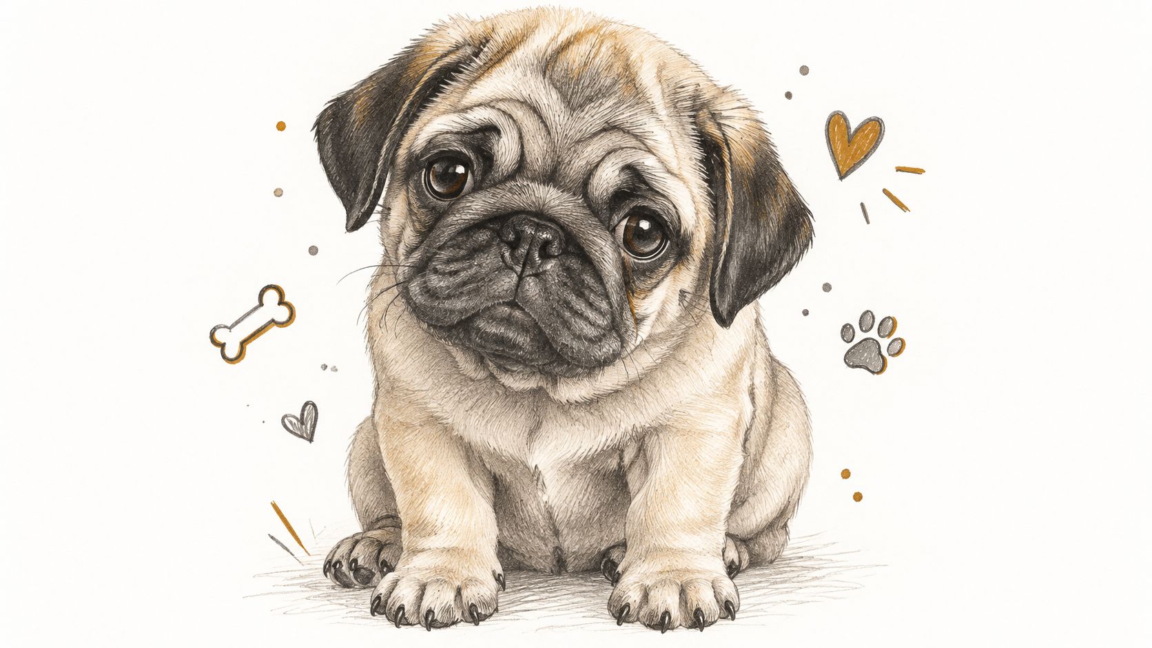 Un adorabile cucciolo di Pug seduto e che guarda la fotocamera in uno stile affascinante a matita a mano libera.